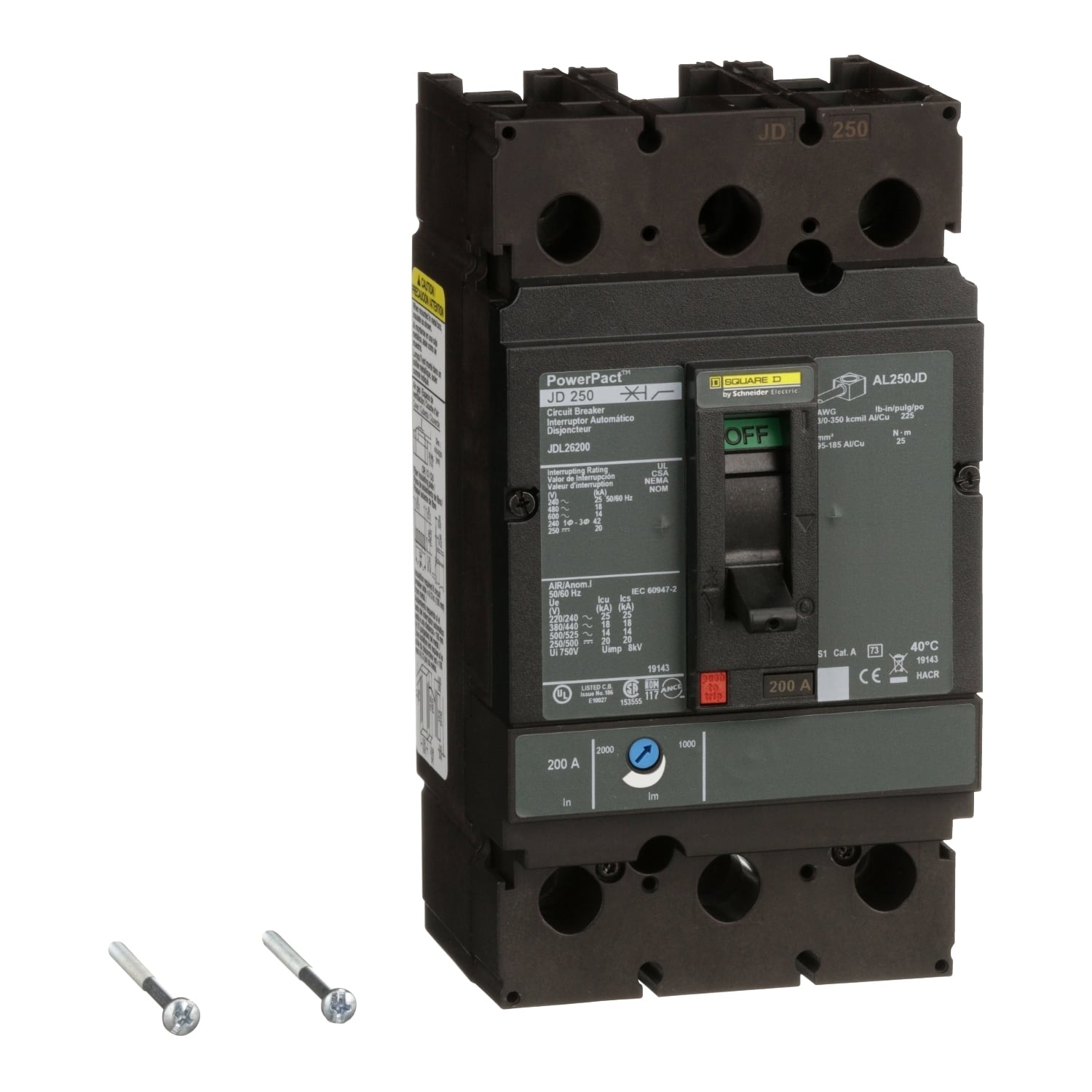 JDL26200 PowerPact Type JDL Molded Case Circuit Breaker, 600 V AC/250 V DC, 200 A, 25 kA at 240 VAC/18 kA at 480 VAC/14 kA at 600 VAC/20 kA at 250VDC Interrupt, 2 Poles, Thermal Magnetic Trip