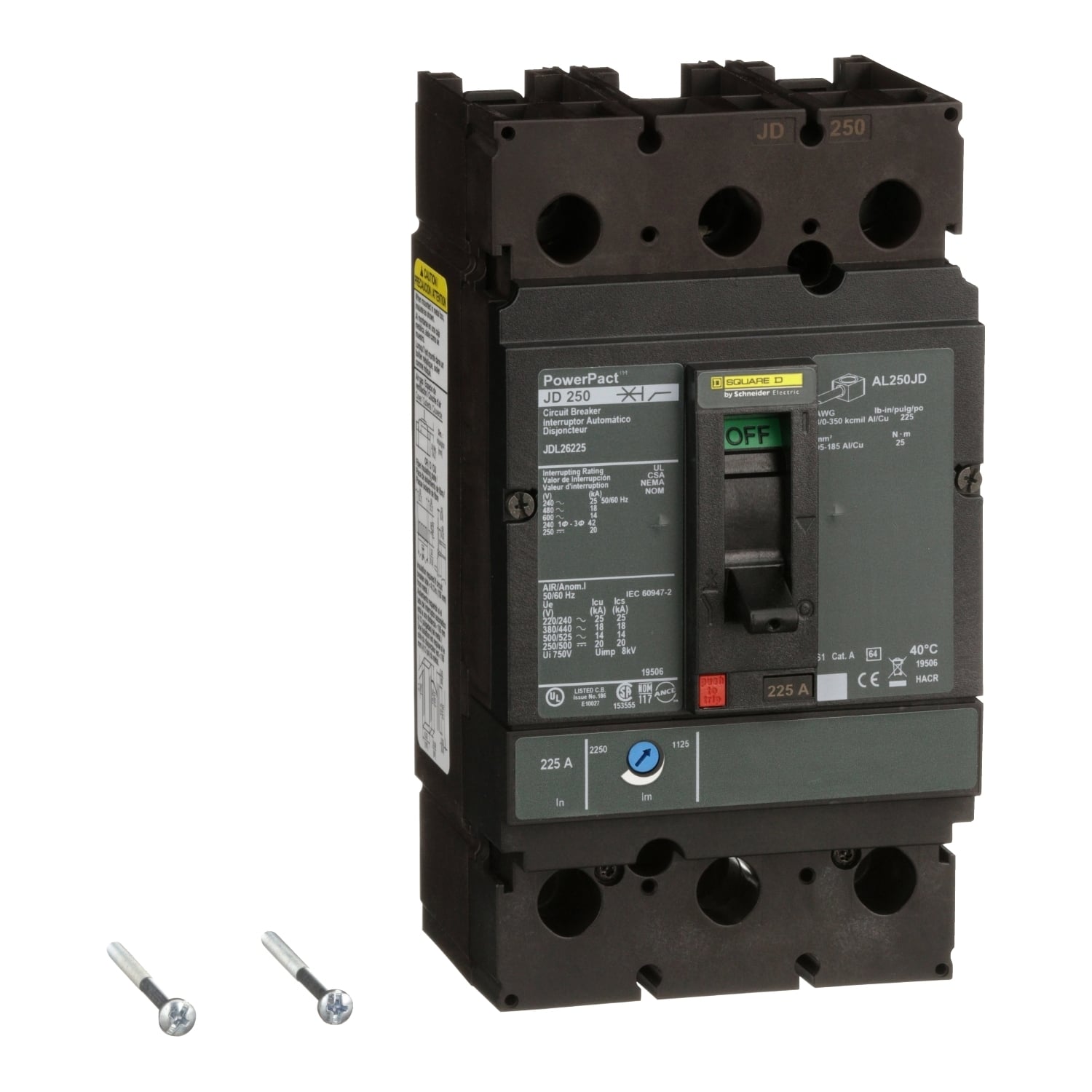 JDL26225 PowerPact Type JDL Molded Case Circuit Breaker, 600 V AC/250 V DC, 225 A, 25 kA at 240 VAC/18 kA at 480 VAC/14 kA at 600 VAC/20 kA at 250 VDC/250 VDC/600 VAC Interrupt, 2 Poles, Thermal Magnetic Trip