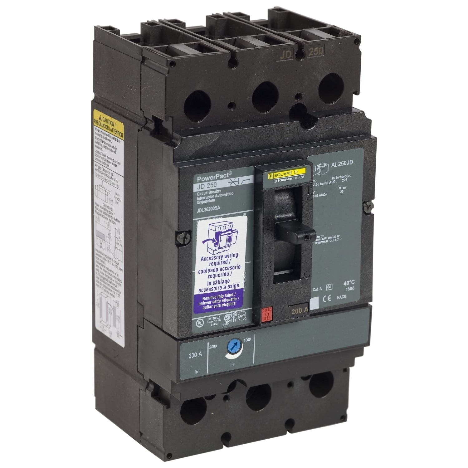JDL36200LY PowerPact 80% Rated Molded Case Circuit Breaker, 600 V AC/250 V DC, 200 A, 14/20 kA Interrupt, 3 Poles, Thermal Magnetic Trip