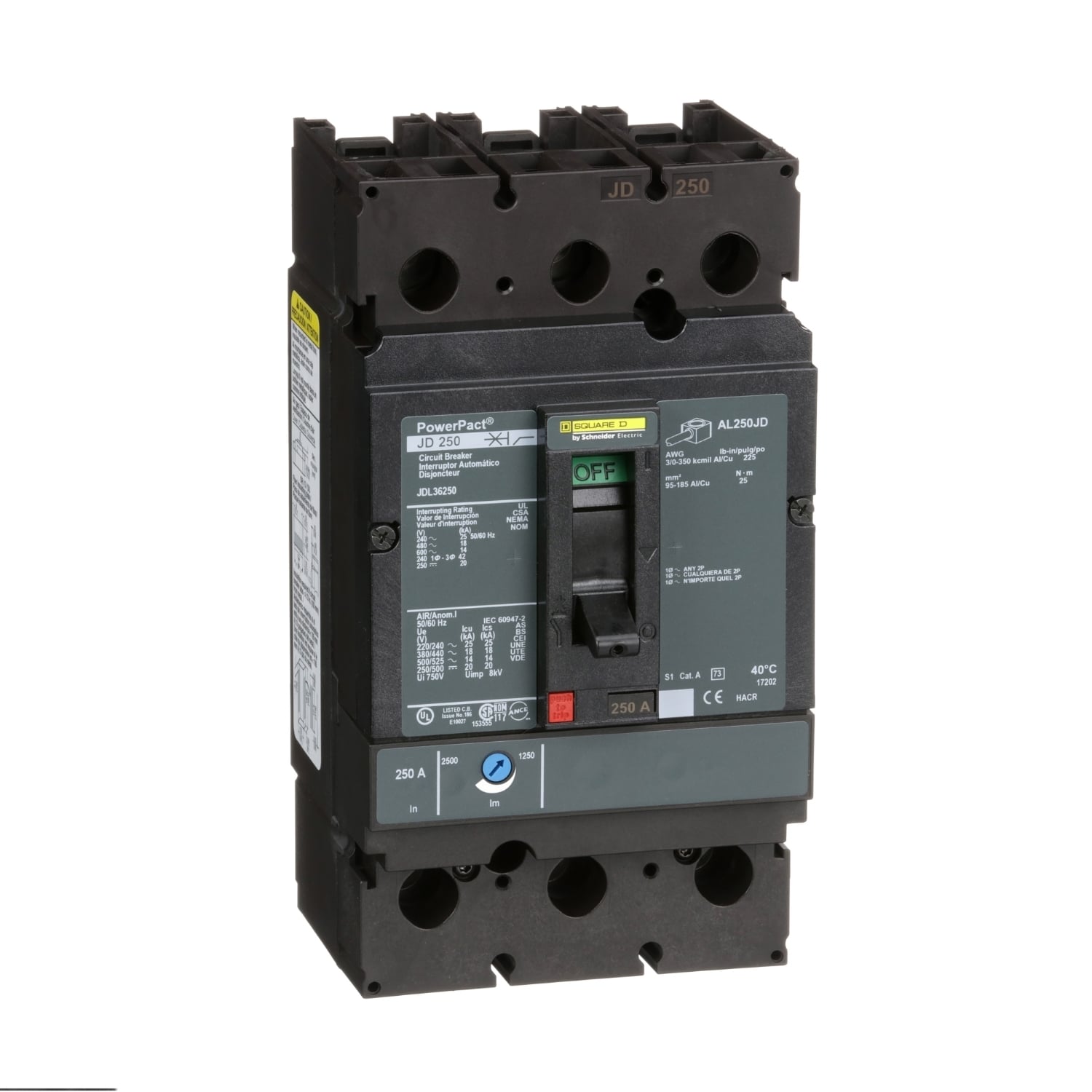 JDL36250 PowerPact Type JDL Molded Case Circuit Breaker, 600 V AC/250 V DC, 250 A, 25 kA at 240 VAC/18 kA at 480 VAC/14 kA at 600 VAC/20 kA at 250VDC Interrupt, 3 Poles, Thermal Magnetic Trip
