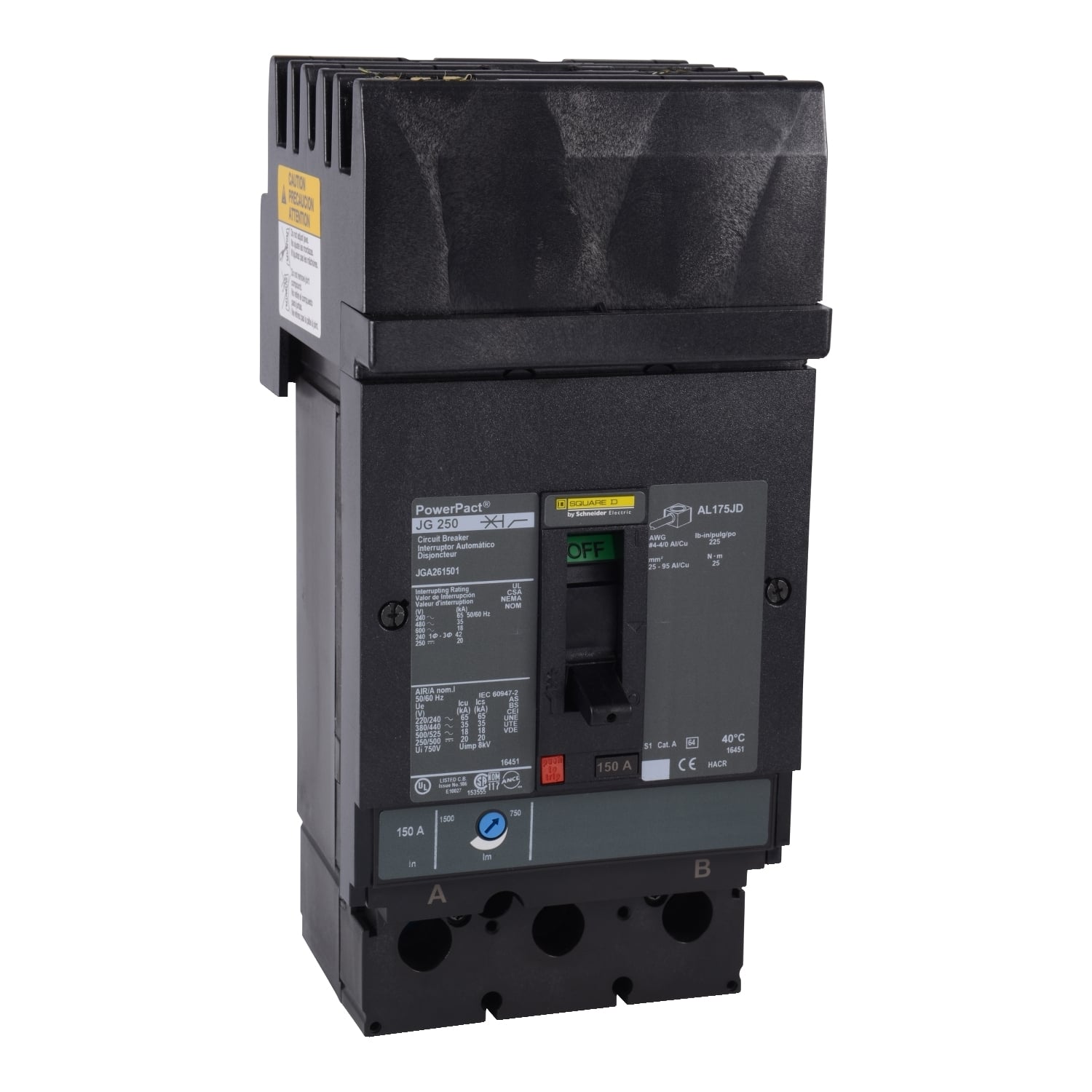 JGA262001 I-Line PowerPact J 80% Rated Molded Case Circuit Breaker, 600 V AC/500 V DC, 200 A, 18/20/35/65 kA Interrupt, 2 Poles, Thermal Magnetic Trip