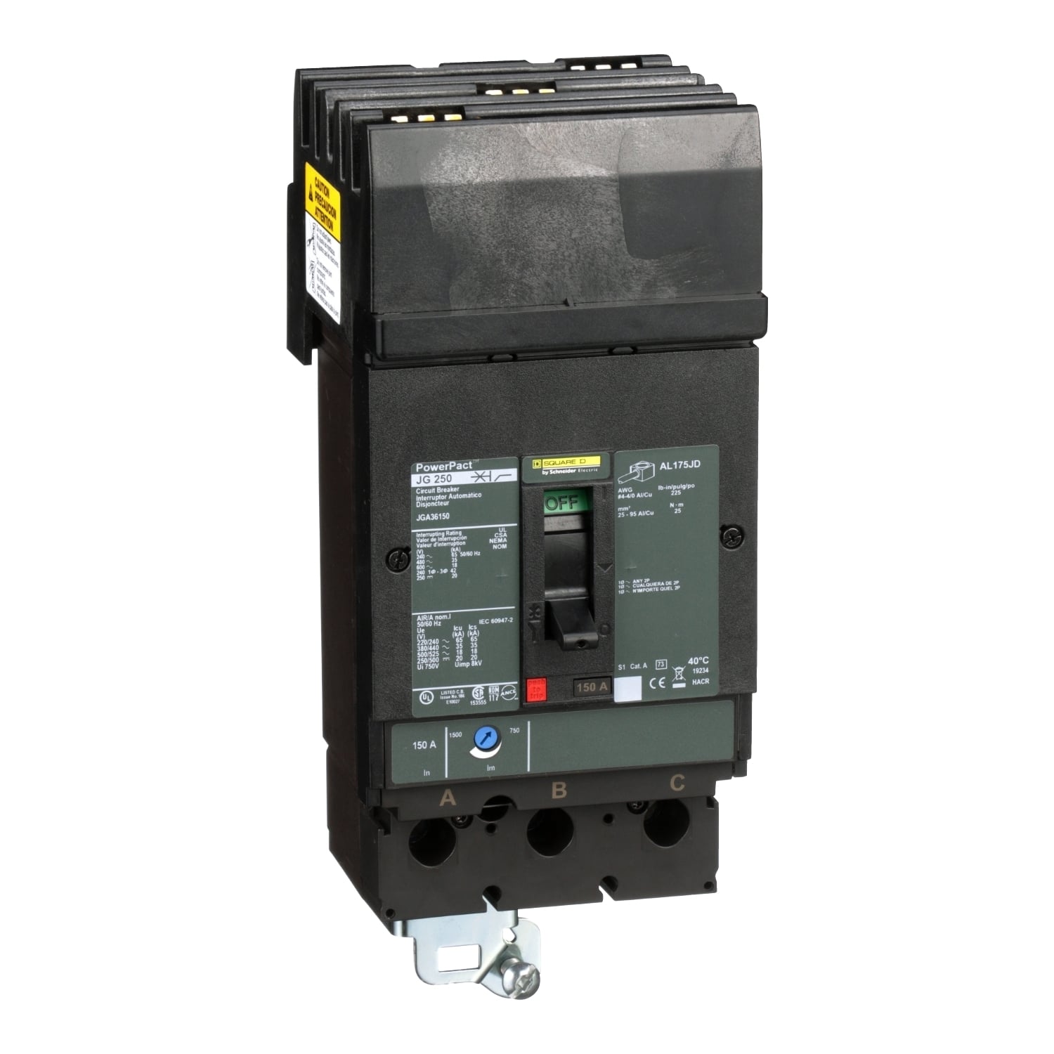 JGA36150 JGA Molded Case Circuit Breaker, 600 V AC/500 V DC, 150 A, 18/20 kA Interrupt, 3 Poles, Thermal Magnetic Trip