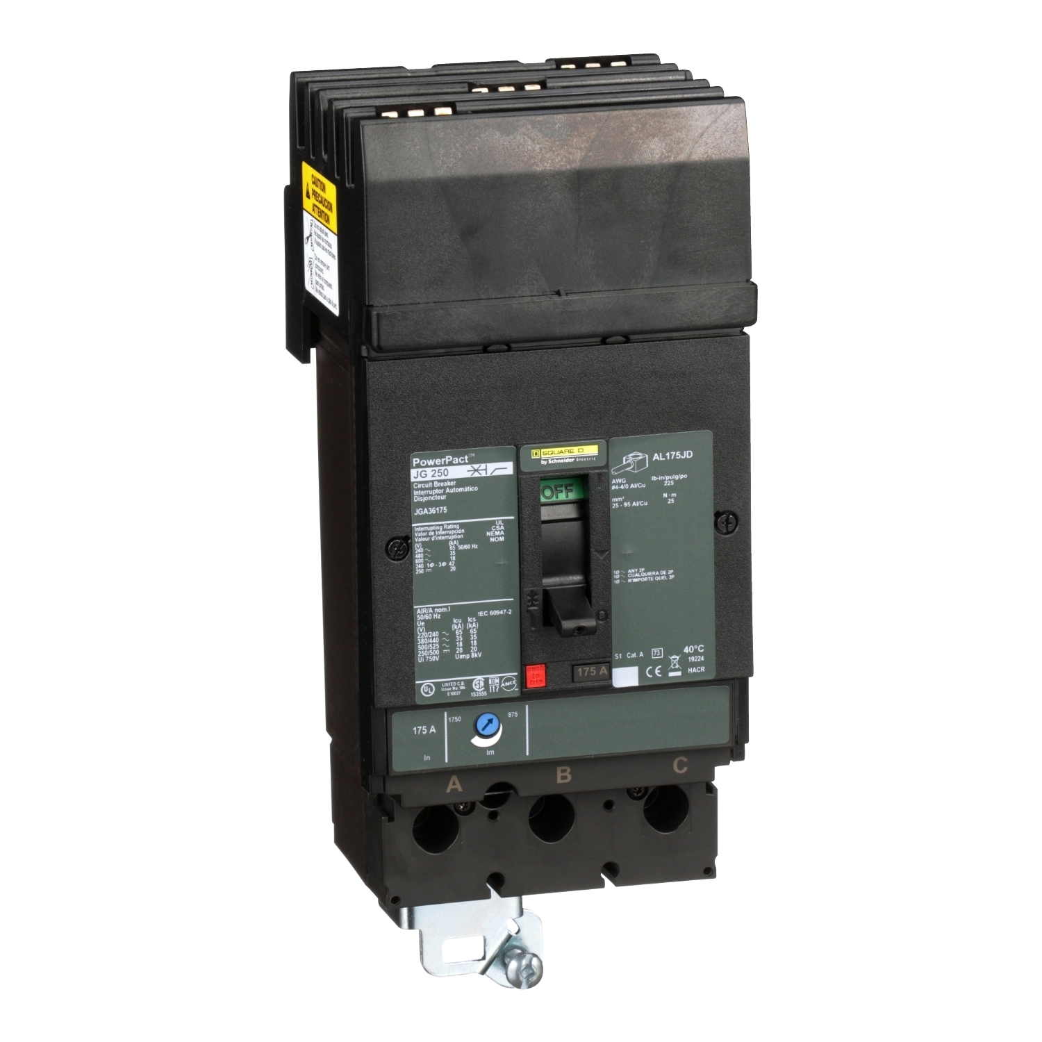 JGA36175 PowerPact Type JGA Molded Case Circuit Breaker, 600 V AC/250 V DC, 175 A, 18/20 kA Interrupt, 3 Poles, Thermal Magnetic Trip