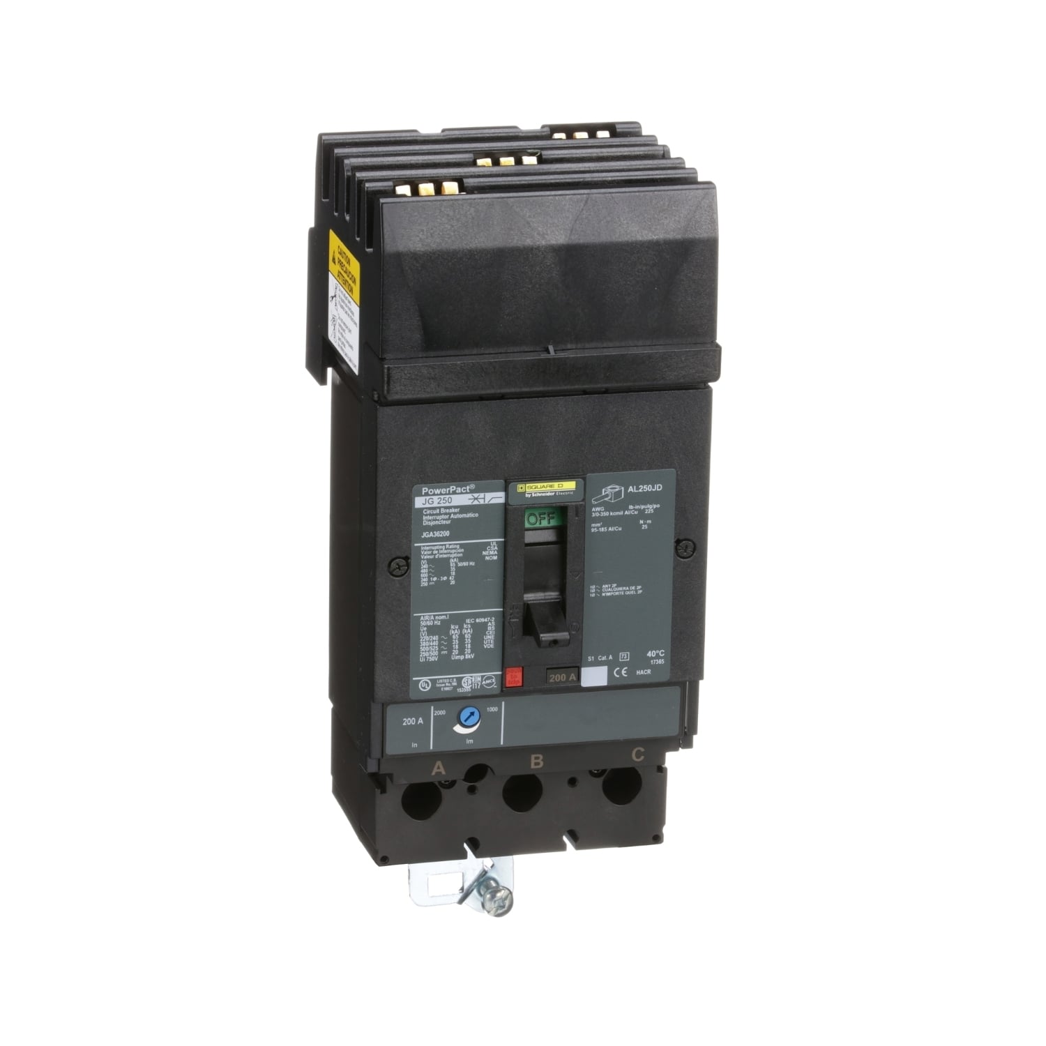 JGA36200 PowerPact Type JGA Standard Molded Case Circuit Breaker, 600 V AC/250 V DC, 200 A, 18/20 kA Interrupt, 3 Poles, Thermal Magnetic Trip