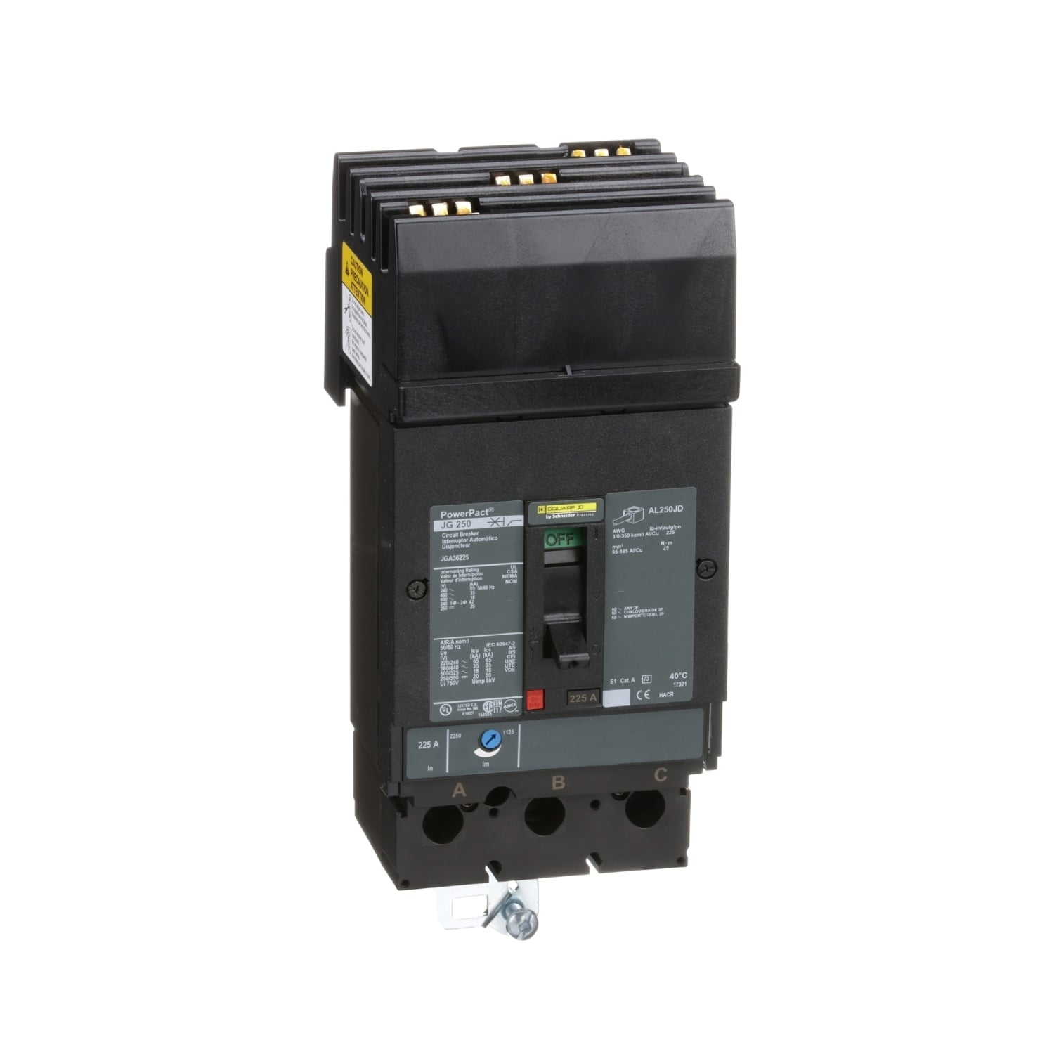 JGA36225 PowerPact Type JGA Molded Case Circuit Breaker, 600 V AC/250 V DC, 225 A, 18/20 kA Interrupt, 3 Poles, Thermal Magnetic Trip