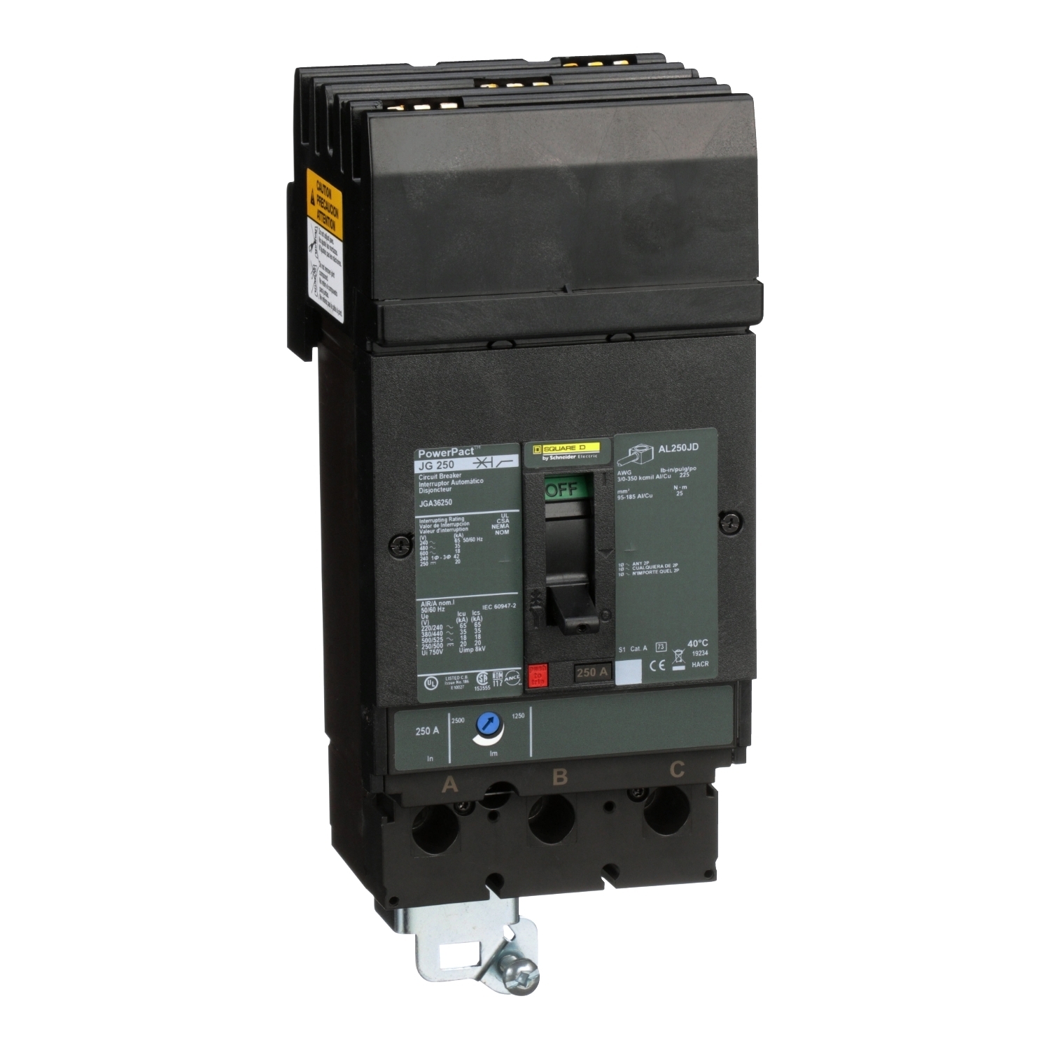 JGA36250 PowerPact Molded Case Circuit Breaker, 600 V AC/250 V DC, 250 A, 18/20 kA Interrupt, 3 Poles, Thermal Magnetic Trip