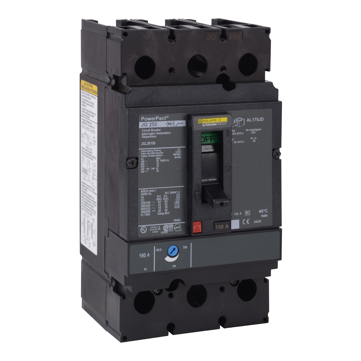 JGL26150 PowerPact Type JGL Molded Case Circuit Breaker, 600 V AC/250 V DC, 150 A, 18/20/35/65 kA Interrupt, 2 Poles, Thermal Magnetic Trip