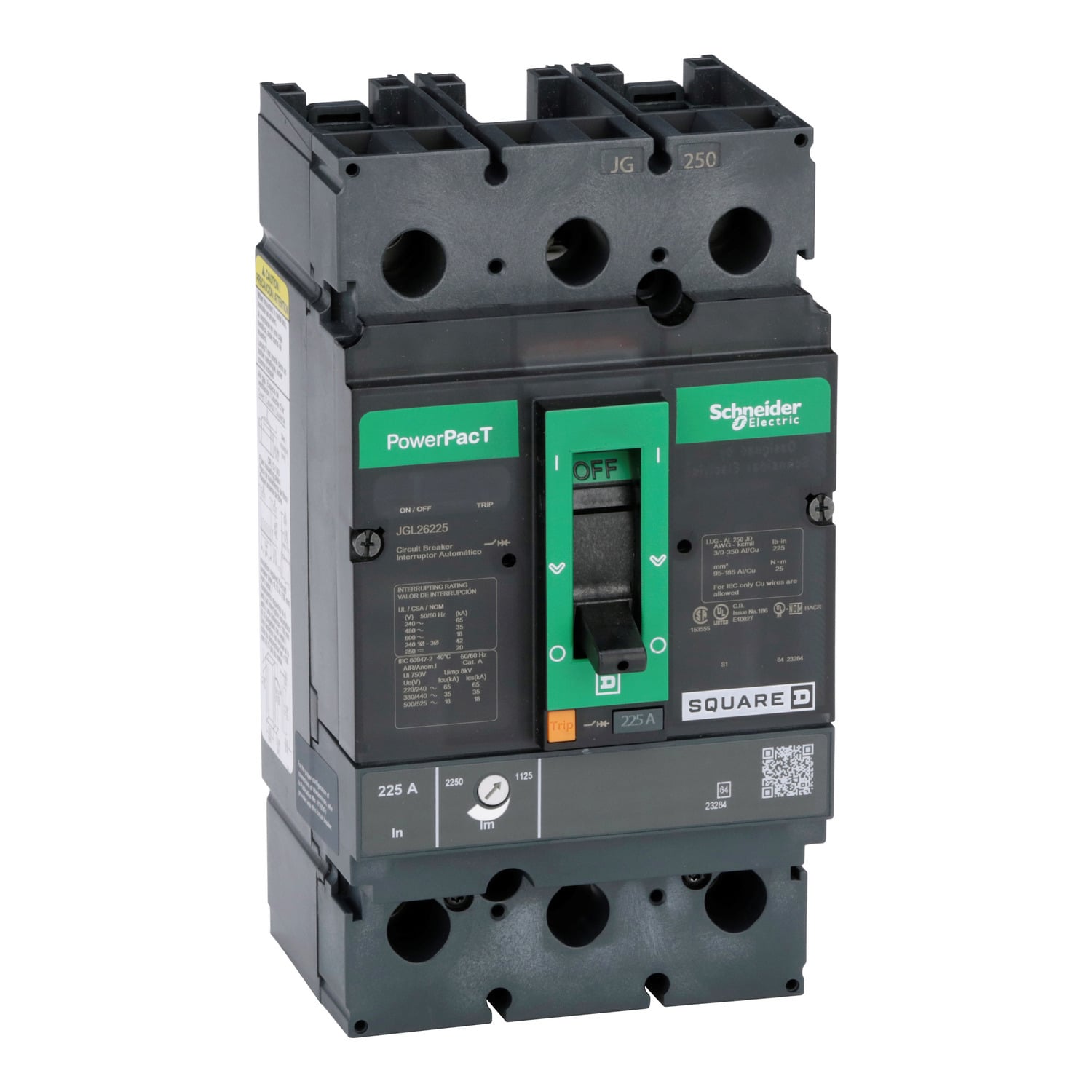 JGL26225 PowerPact Type JGL Molded Case Circuit Breaker, 600 V AC/500 V DC, 225 A, 18/20/35/65 kA Interrupt, 2 Poles, Thermal Magnetic Trip