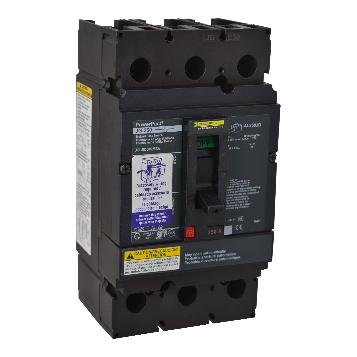 JGL36000S25SA PowerPact Automatic J Molded Case Switch, 600 V AC, 250 A, 18 kA Interrupt, 3 Poles, Magnetic Trip