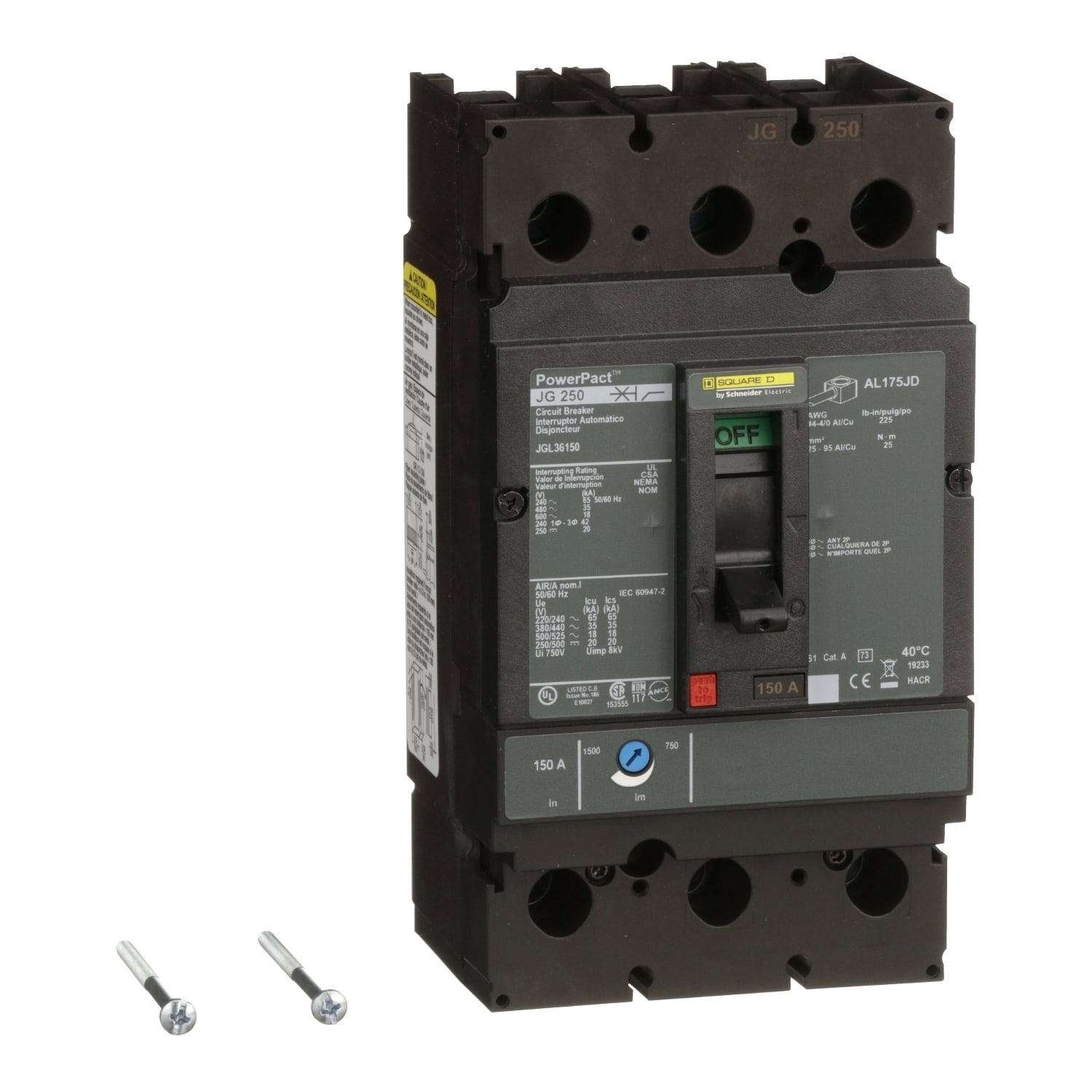 JGL36150 PowerPact Type JGL Molded Case Circuit Breaker, 600 V AC/250 V DC, 150 A, 65 kA at 240 VAC/35 kA at 480 VAC/18 kA at 600 VAC/20 kA at 250VDC Interrupt, 3 Poles, Thermal Magnetic Trip