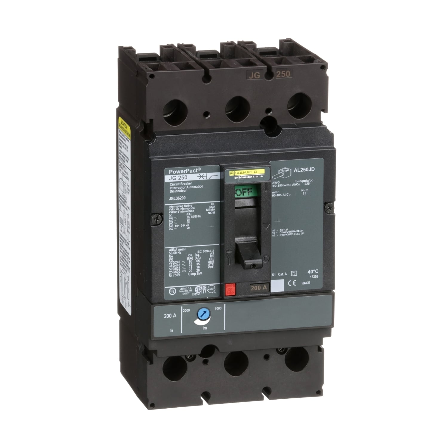 JGL36200 PowerPact Standard Type JGL Molded Case Circuit Breaker, 600 V AC/250 V DC, 200 A, 65 kA at 240 VAC/35 kA at 480 VAC/18 kA at 600 VAC/20 kA at 250VDC Interrupt, 3 Poles, Thermal Magnetic Trip