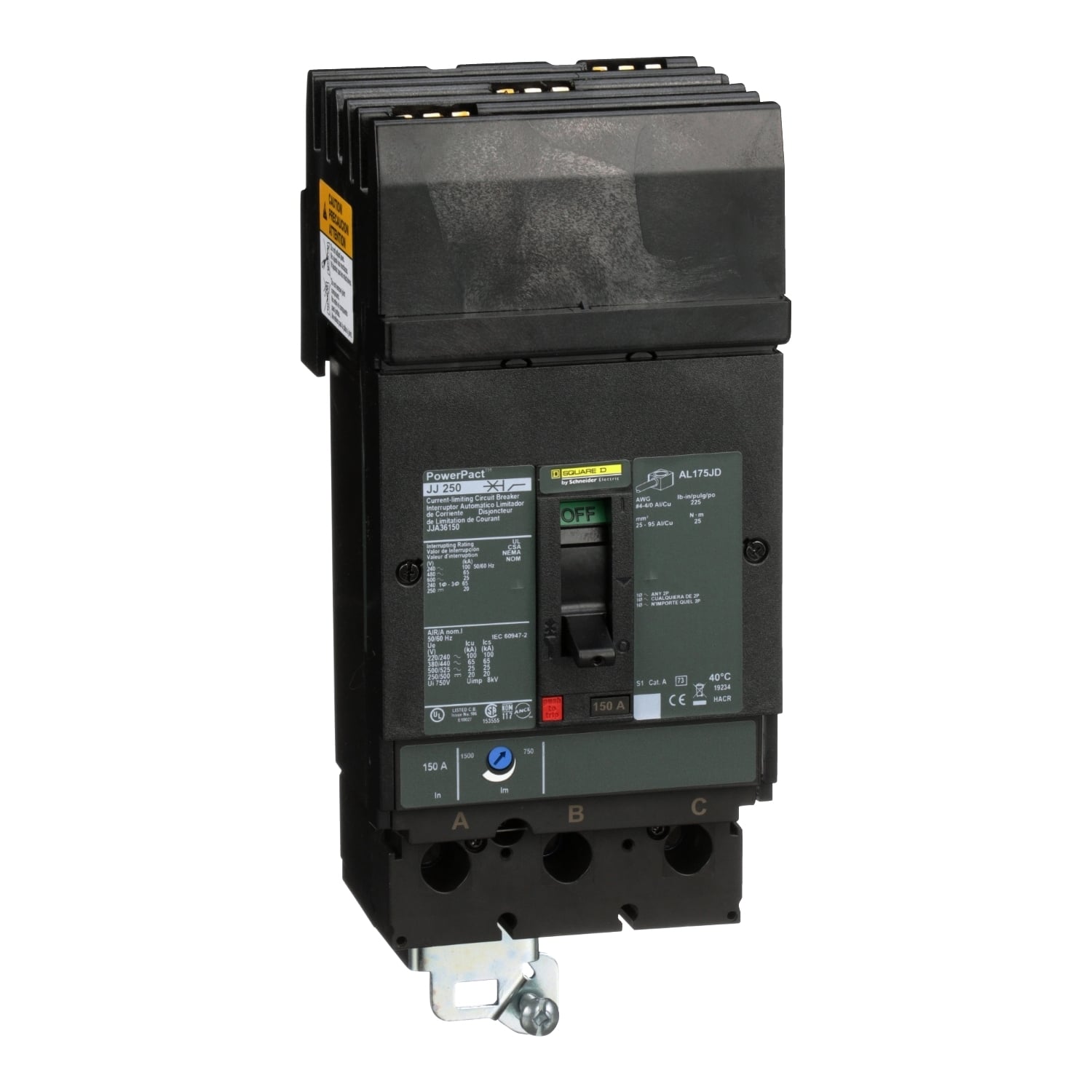 JJA36150 JJA Molded Case Circuit Breaker, 600 V AC/250 V DC, 150 A, 20/25 kA Interrupt, 3 Poles, Thermal Magnetic Trip
