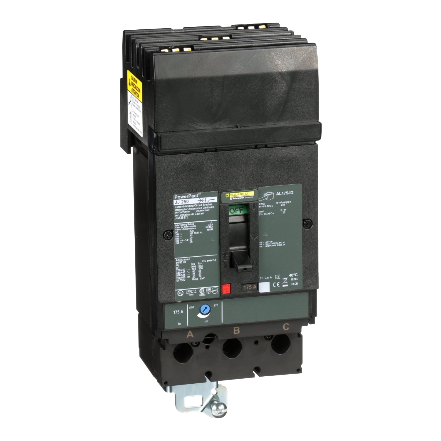 JJA36175 PowerPact Molded Case Circuit Breaker, 600 V AC/250 V DC, 175 A, 20/25 kA Interrupt, 3 Poles, Thermal Magnetic Trip