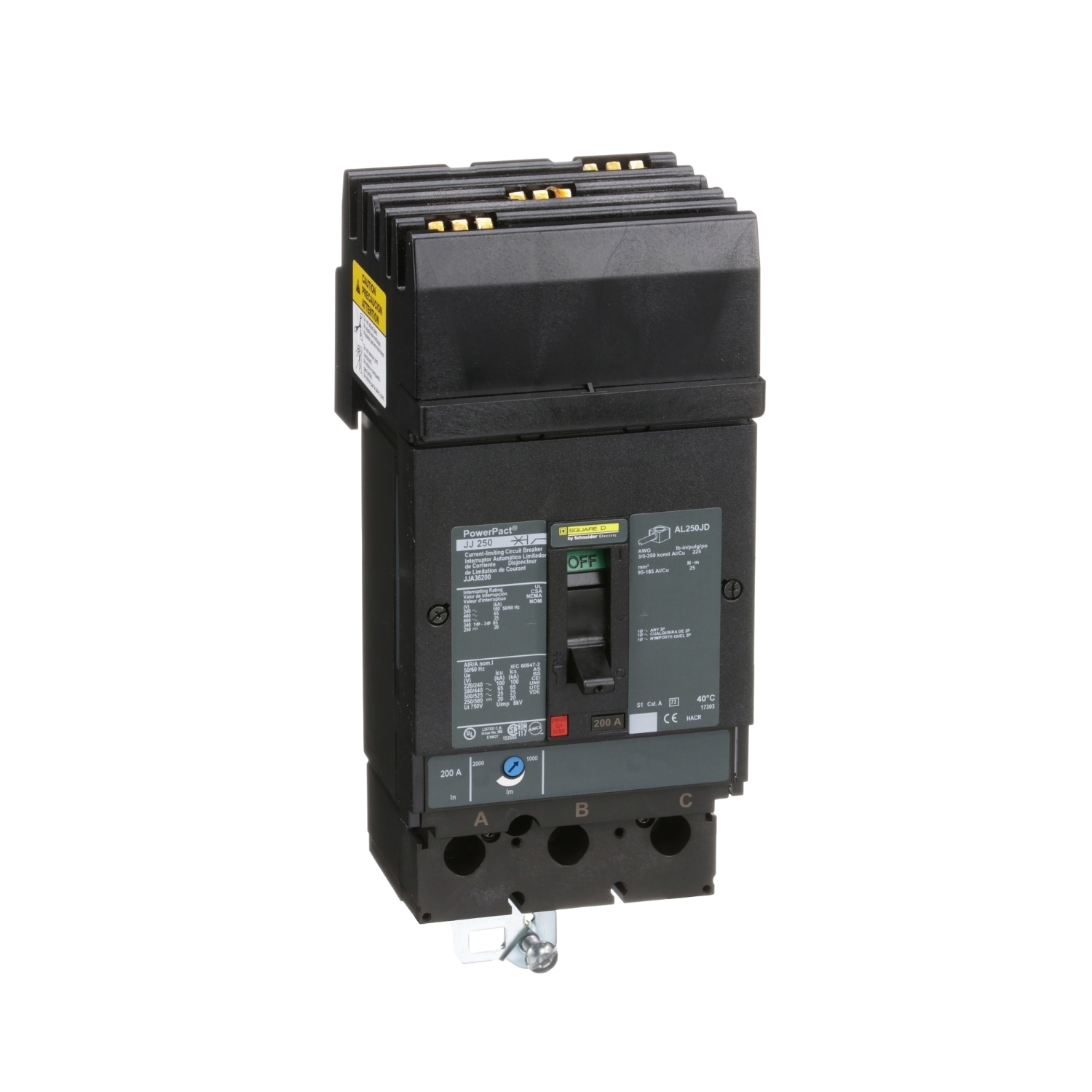 JJA36200 PowerPact Type JJA Molded Case Circuit Breaker, 600 V AC/250 V DC, 200 A, 25/20 kA Interrupt, 3 Poles, Thermal Magnetic Trip