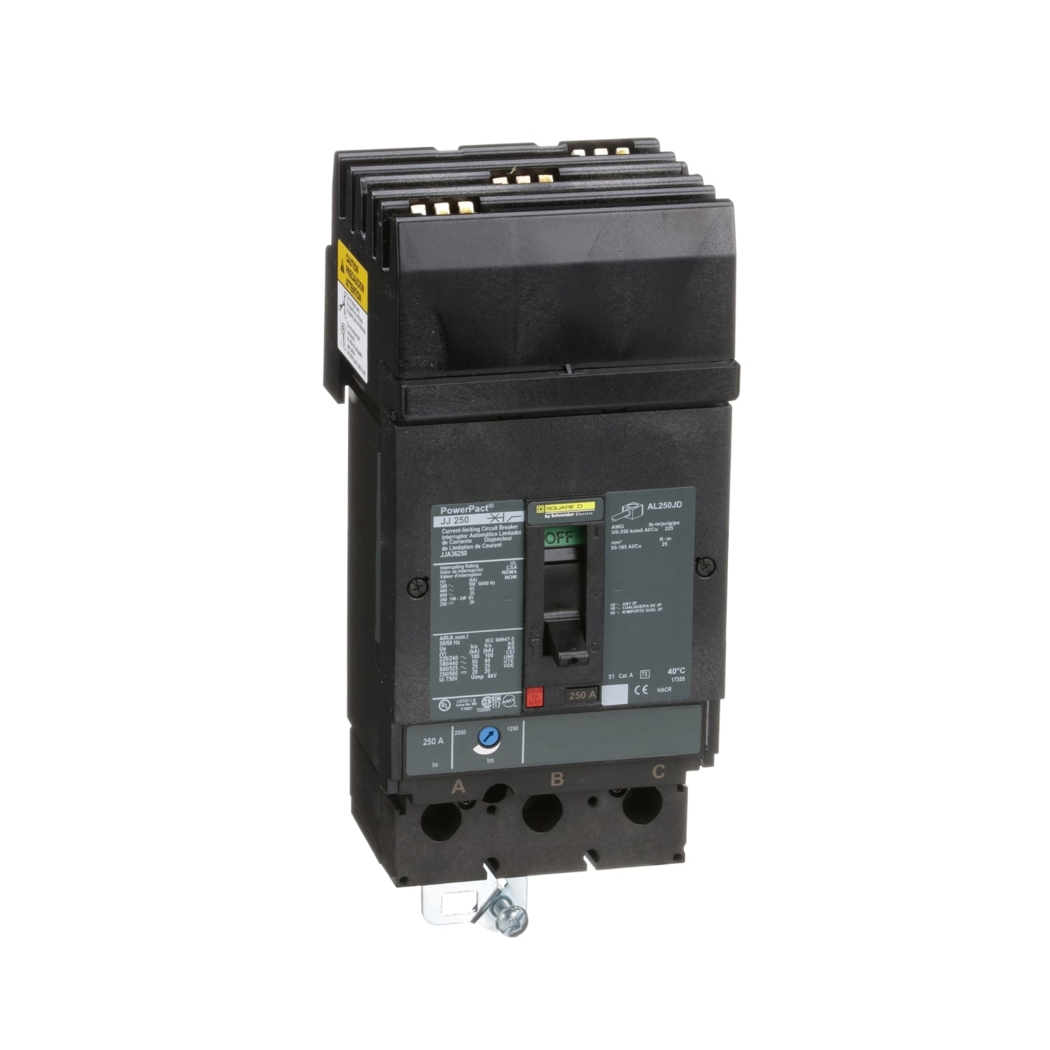 JJA36250 PowerPact Type JJA Molded Case Circuit Breaker, 600 V AC/250 V DC, 250 A, 20/25 kA Interrupt, 3 Poles, Thermal Magnetic Trip