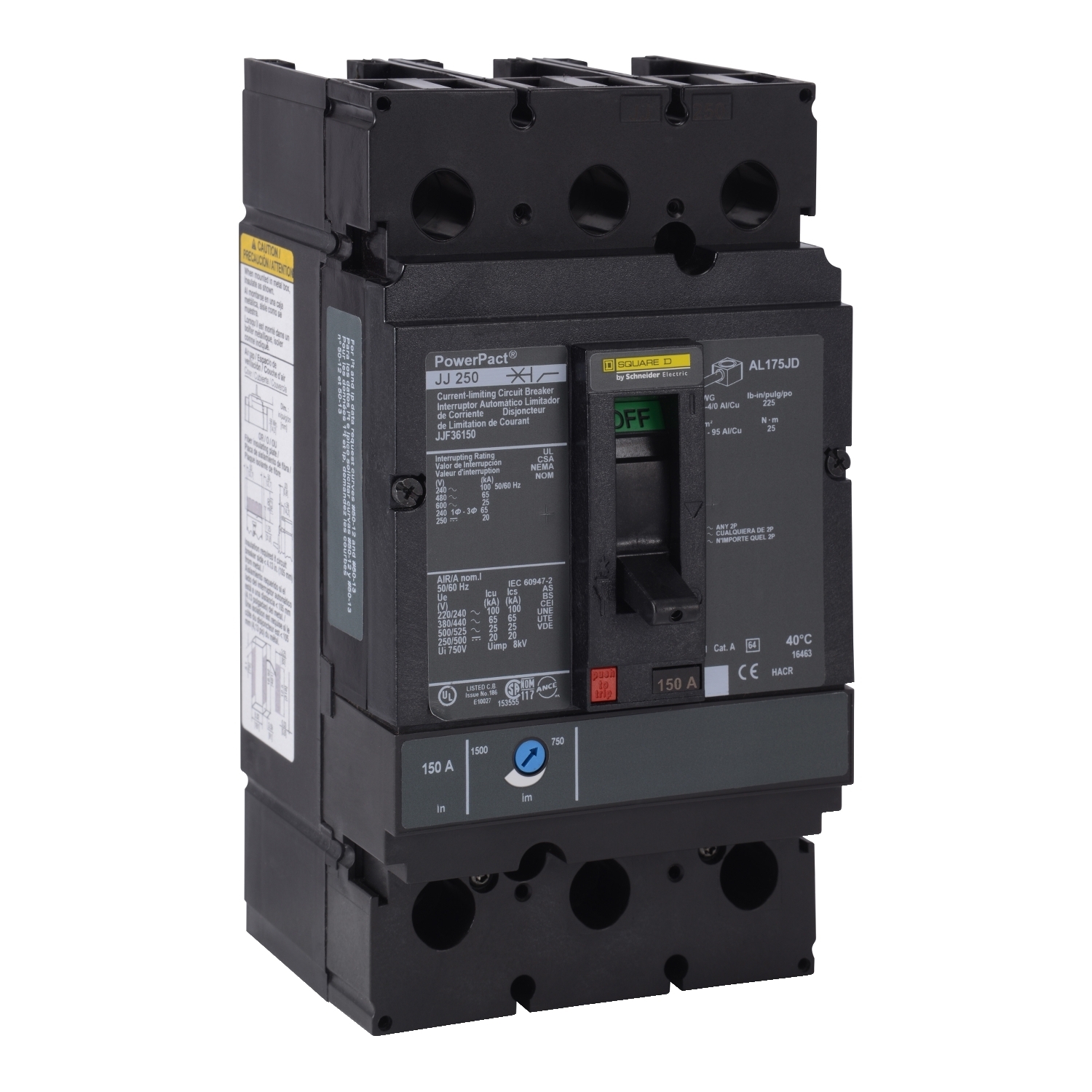 JJL26250 PowerPact Type JJL Molded Case Circuit Breaker, 600 V AC/250 V DC, 250 A, 20/25/65/100 kA Interrupt, 2 Poles, Thermal Magnetic Trip