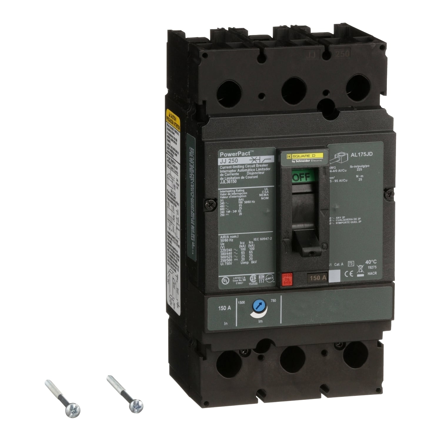 JJL36150 PowerPact Type JJL Molded Case Circuit Breaker, 600 V AC/250 V DC, 150 A, 20 kA at 250 VDC/100 kA at 240 VAC/65 kA at 480 VAC/25 kA at 600 VAC/250 VDC/600 VAC Interrupt, 3 Poles, Thermal Magnetic Trip
