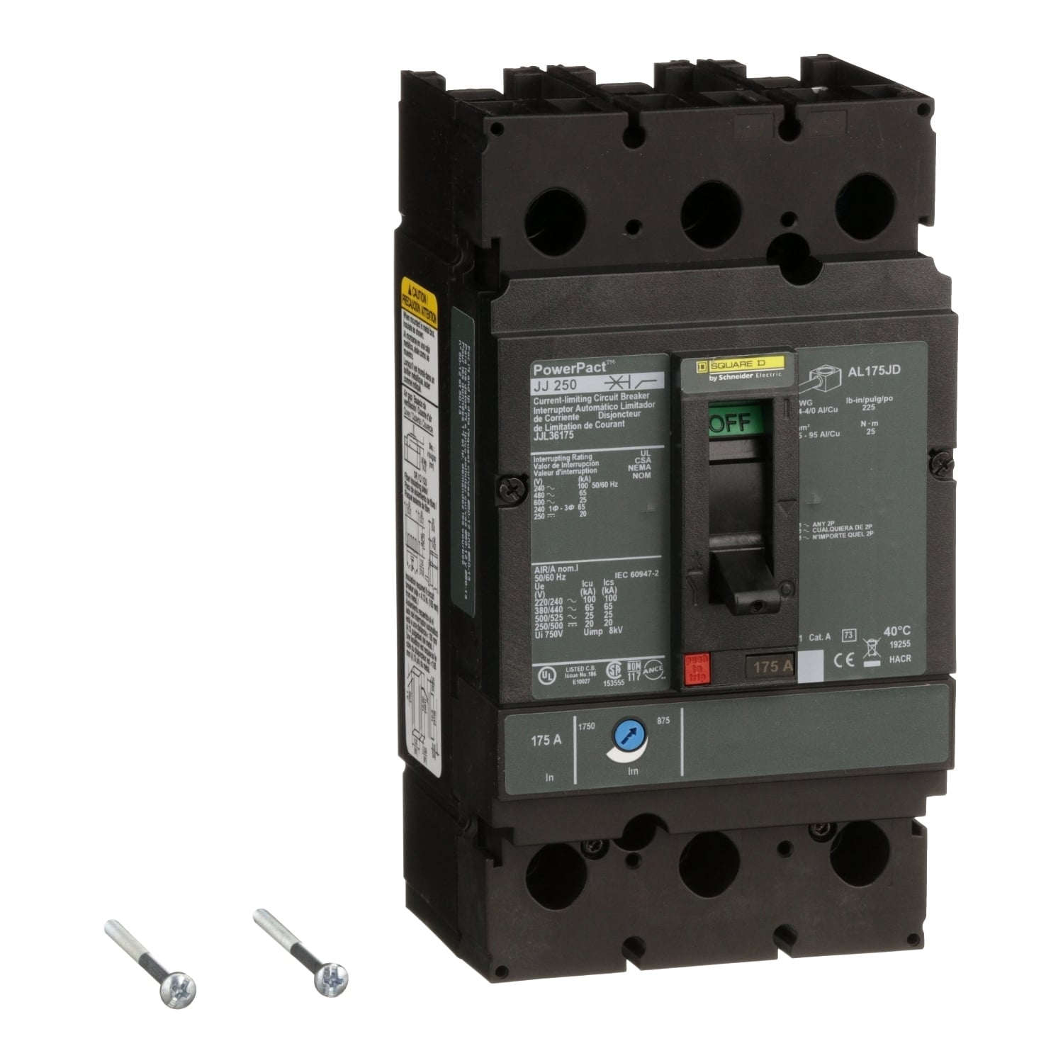 JJL36175 PowerPact Type JJL Molded Case Circuit Breaker, 600 V AC/250 V DC, 175 A, 100 kA at 240 VAC/65 kA at 480 VAC/25 kA at 600 VAC/20 kA at 250VDC Interrupt, 3 Poles, Thermal Magnetic Trip