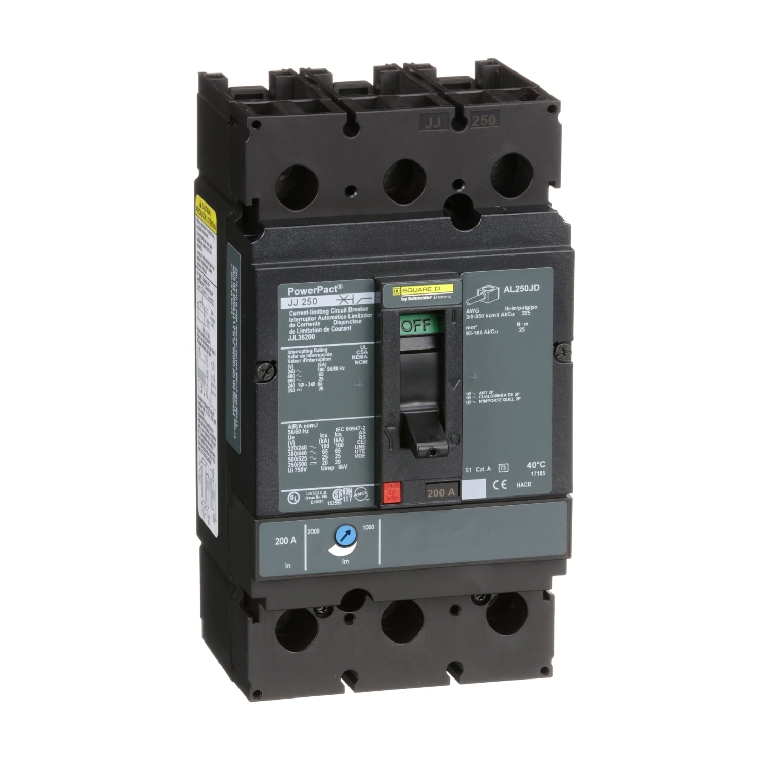 JJL36200 PowerPact Type JJL Molded Case Circuit Breaker, 600 V AC/250 V DC, 200 A, 100 kA at 240 VAC/65 kA at 480 VAC/25 kA at 600 VAC/20 kA at 250VDC Interrupt, 3 Poles, Thermal Magnetic Trip