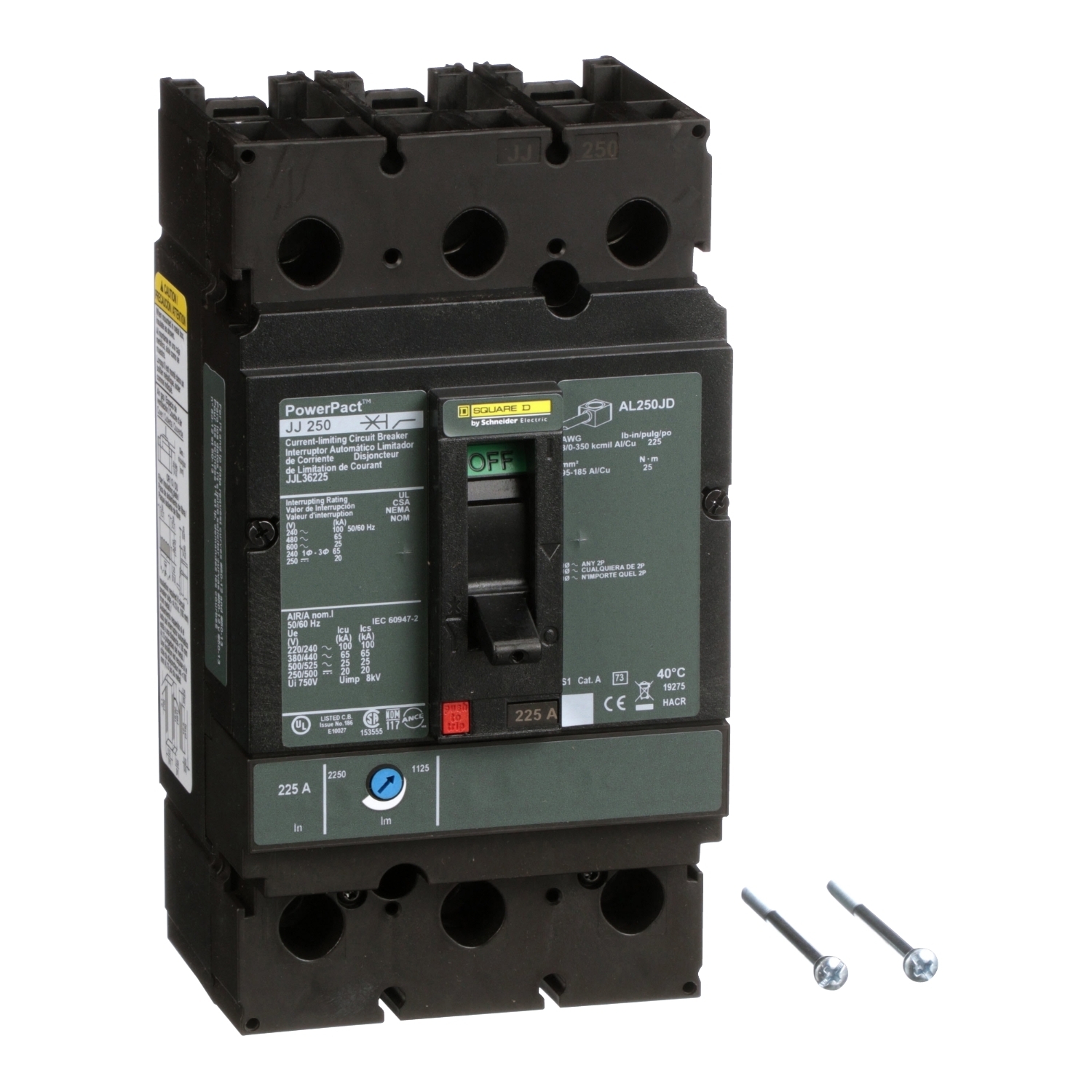 JJL36225 PowerPact Type JJL Molded Case Circuit Breaker, 600 V AC/250 V DC, 225 A, 100 kA at 240 VAC/65 kA at 480 VAC/25 kA at 600 VAC/20 kA at 250VDC Interrupt, 3 Poles, Thermal Magnetic Trip