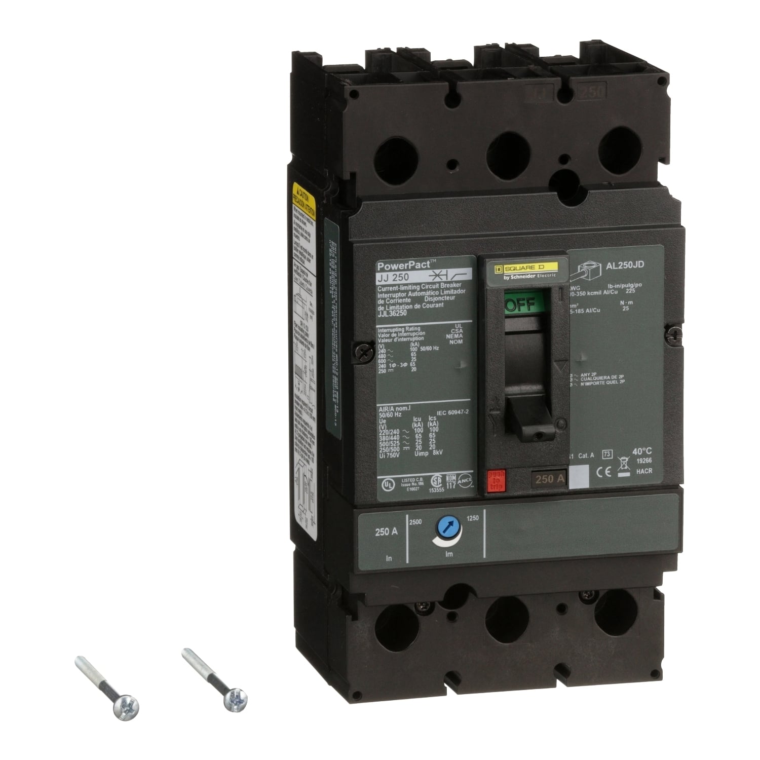 JJL36250 PowerPact Type JJL Molded Case Circuit Breaker, 600 V AC/250 V DC, 250 A, 100 kA at 240 VAC/65 kA at 480 VAC/25 kA at 600 VAC/20 kA at 250VDC Interrupt, 3 Poles, Thermal Magnetic Trip
