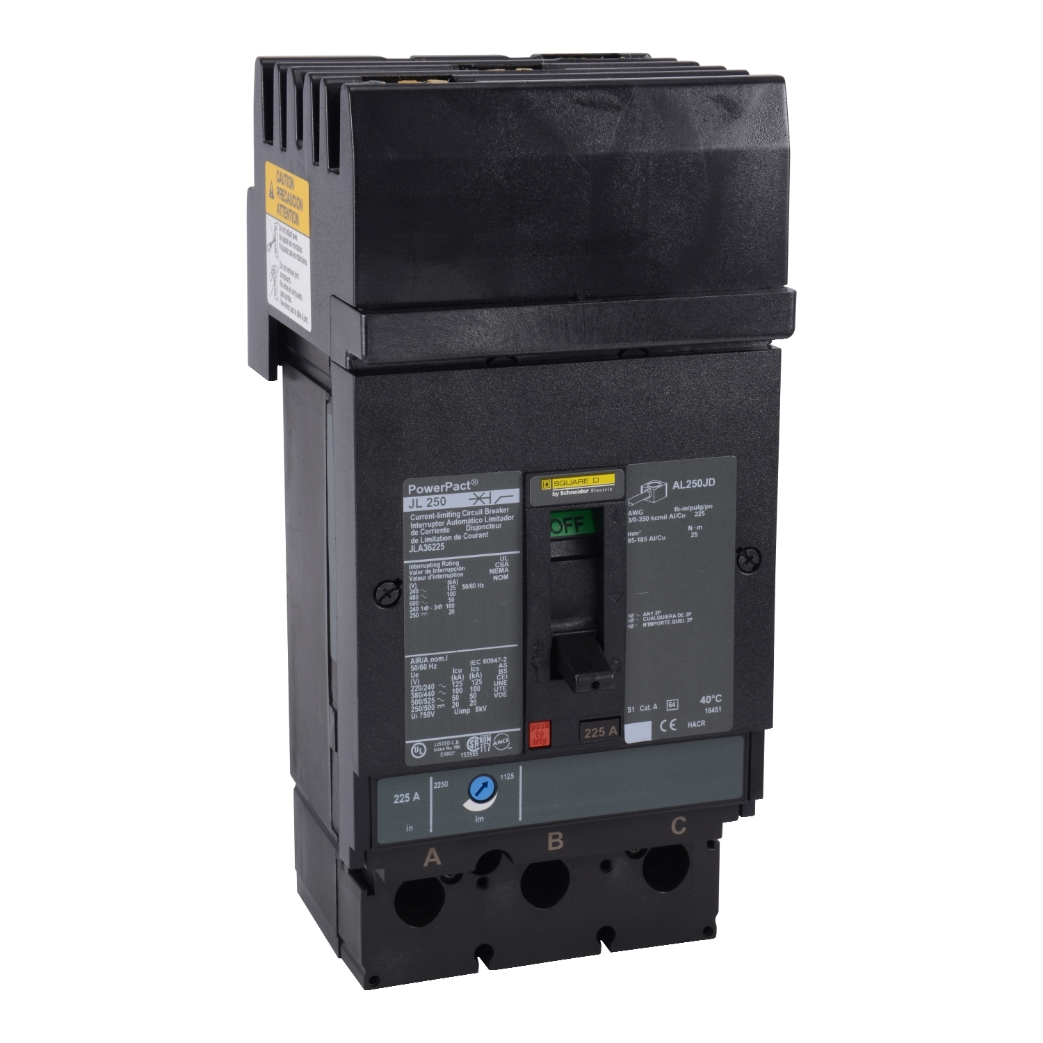 Circuit breaker, PowerPacT J, 175A, 3 pole, 600VAC, 50kA, I-Line, thermal magnetic, 80%, ABC