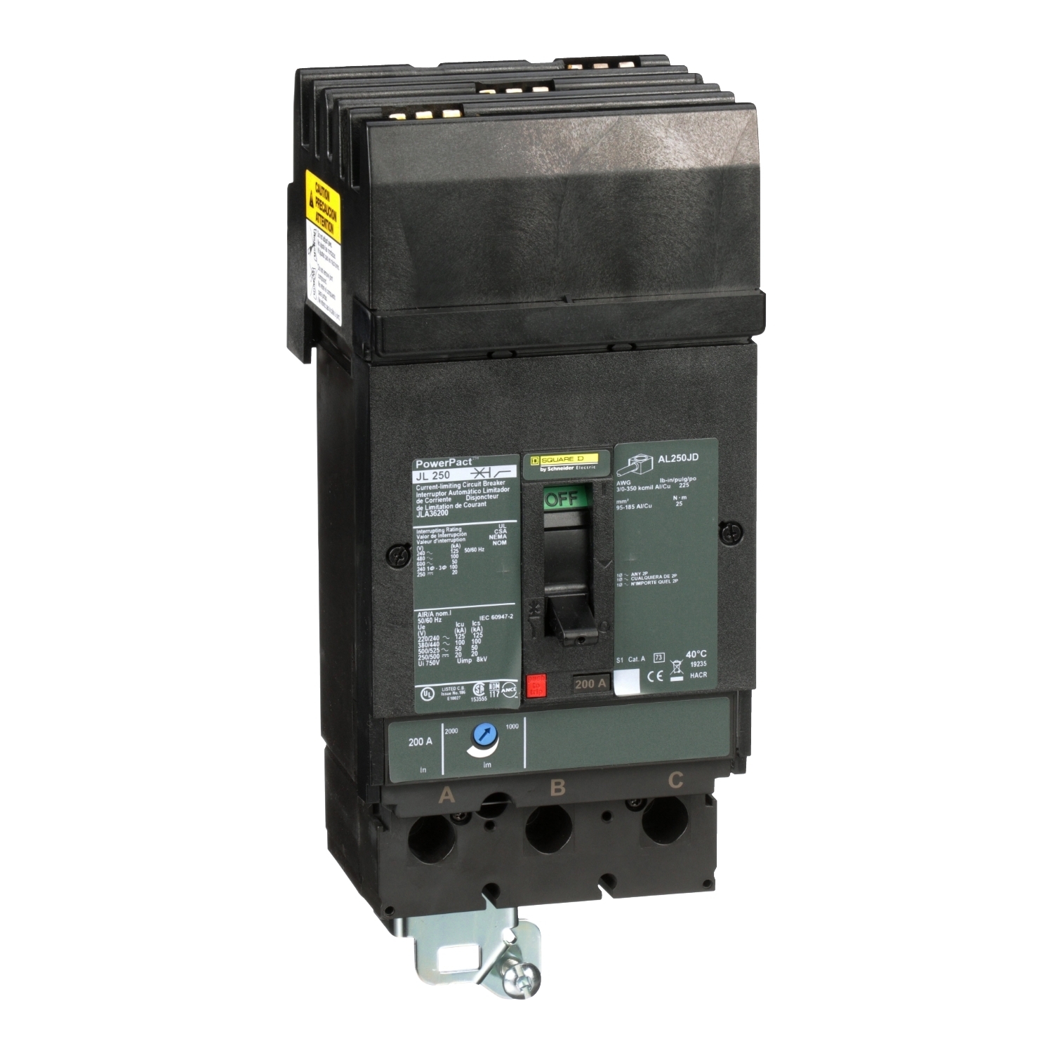 JLA36200 I-Line PowerPact J Type JLA Molded Case Circuit Breaker, 600 V AC/500 V DC, 200 A, 125 kA at 240 VAC/100 kA at 480 VAC/50 kA at 600 VAC/20 kA at 250 VDC/50 kA at 500 VDC Interrupt, 3 Poles, Thermal Magnetic Trip