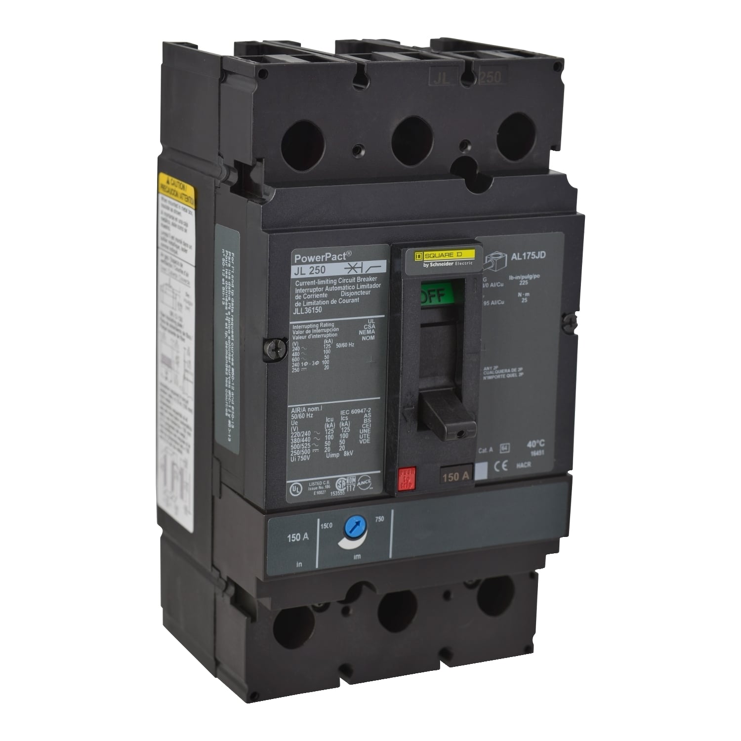 Circuit breaker, PowerPacT J, 150A, 3 pole, 600VAC, 50kA, lugs, thermal magnetic, 80%
