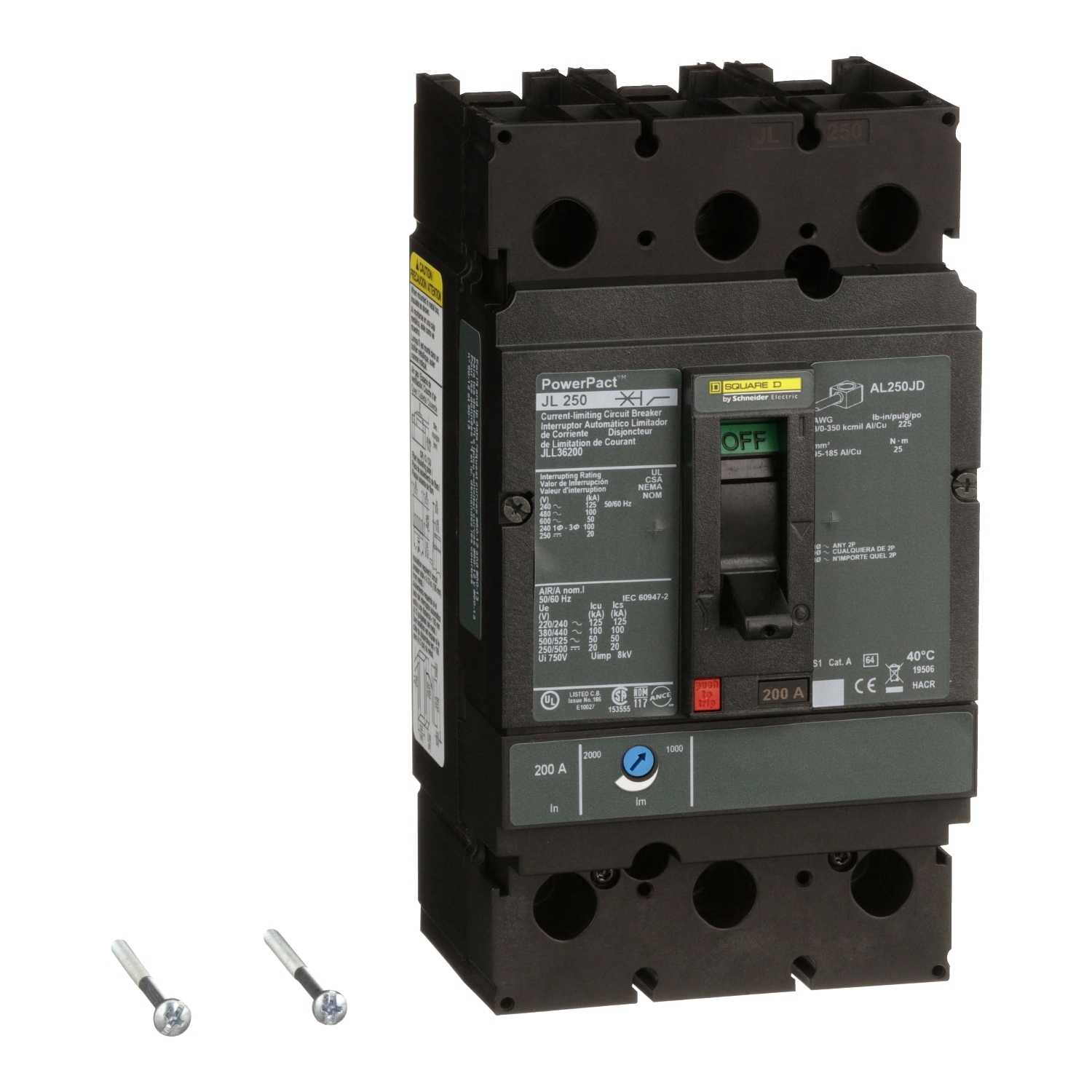 JLL36200 PowerPact Type JLL Molded Case Circuit Breaker, 600 V AC/500 V DC, 200 A, 20 kA at 250 VDC/125 kA at 240 VAC/100 kA at 480 VAC/50 kA at 600 VAC/50 kA at 500 VDC/500 VDC/600 VAC Interrupt, 3 Poles, Thermal Magnetic Trip