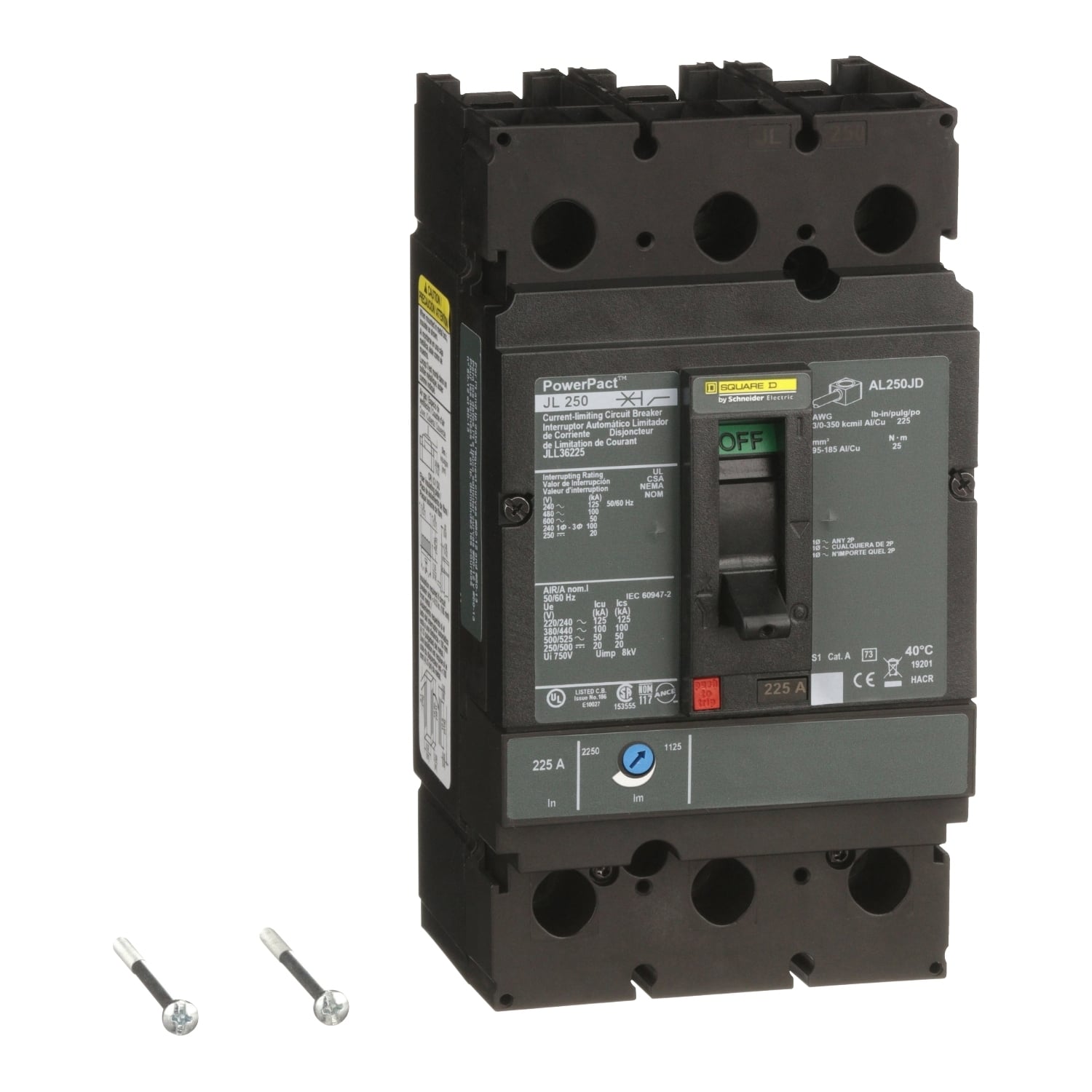 JLL36225 PowerPact Type JLL Molded Case Circuit Breaker, 600 V AC/500 V DC, 225 A, 125 kA at 240 VAC/100 kA at 480 VAC/50 kA at 600 VAC/20 kA at 250 VDC/50 kA at 600 VAC/500 VDC Interrupt, 3 Poles, Thermal Magnetic Trip