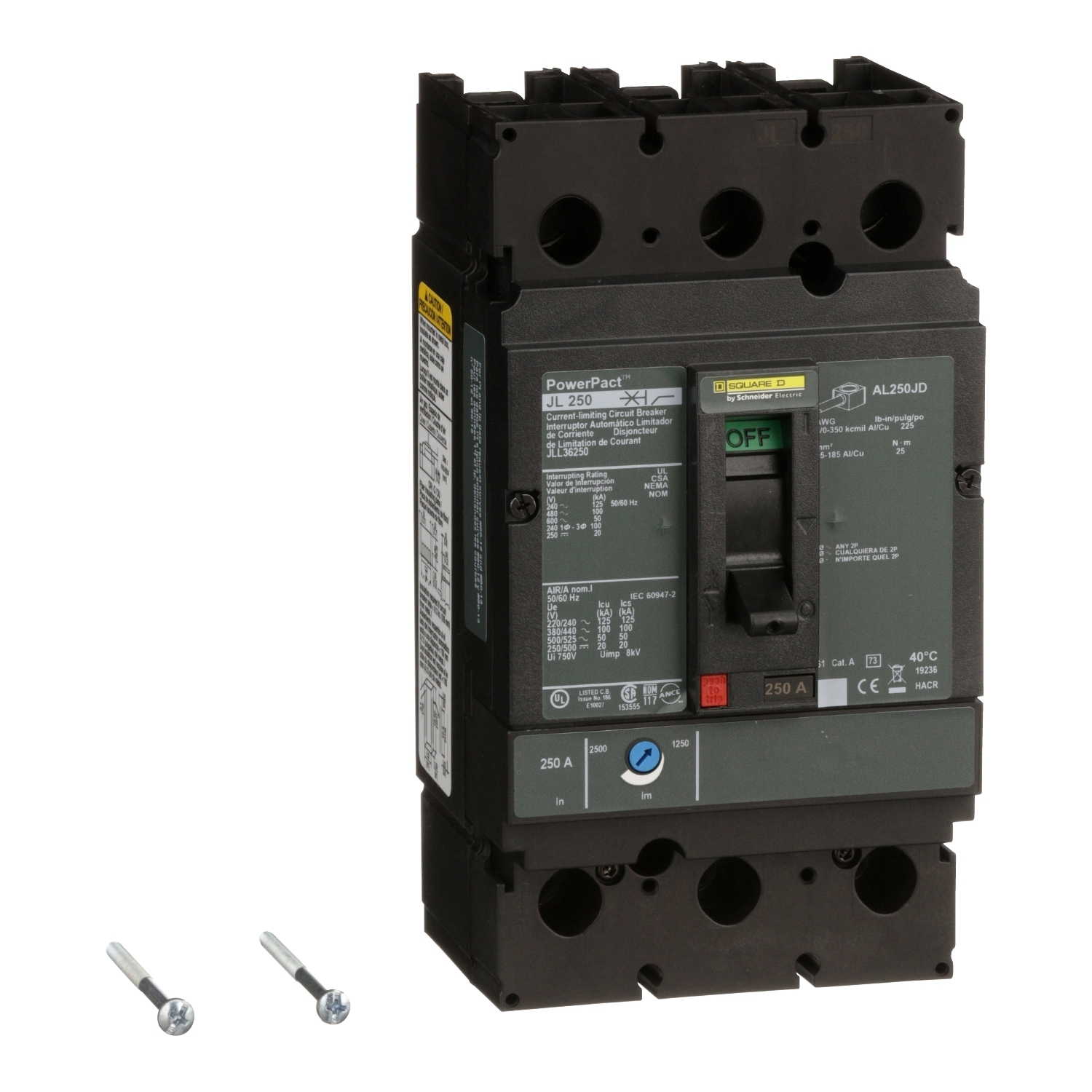 JLL36250 PowerPact Type JLL Molded Case Circuit Breaker, 600 V AC/250 V DC, 250 A, 250 VDC/600 VAC/20 kA at 250 VDC/125 kA at 240 VAC/100 kA at 480 VAC/50 kA at 600 VAC Interrupt, 3 Poles, Thermal Magnetic Trip