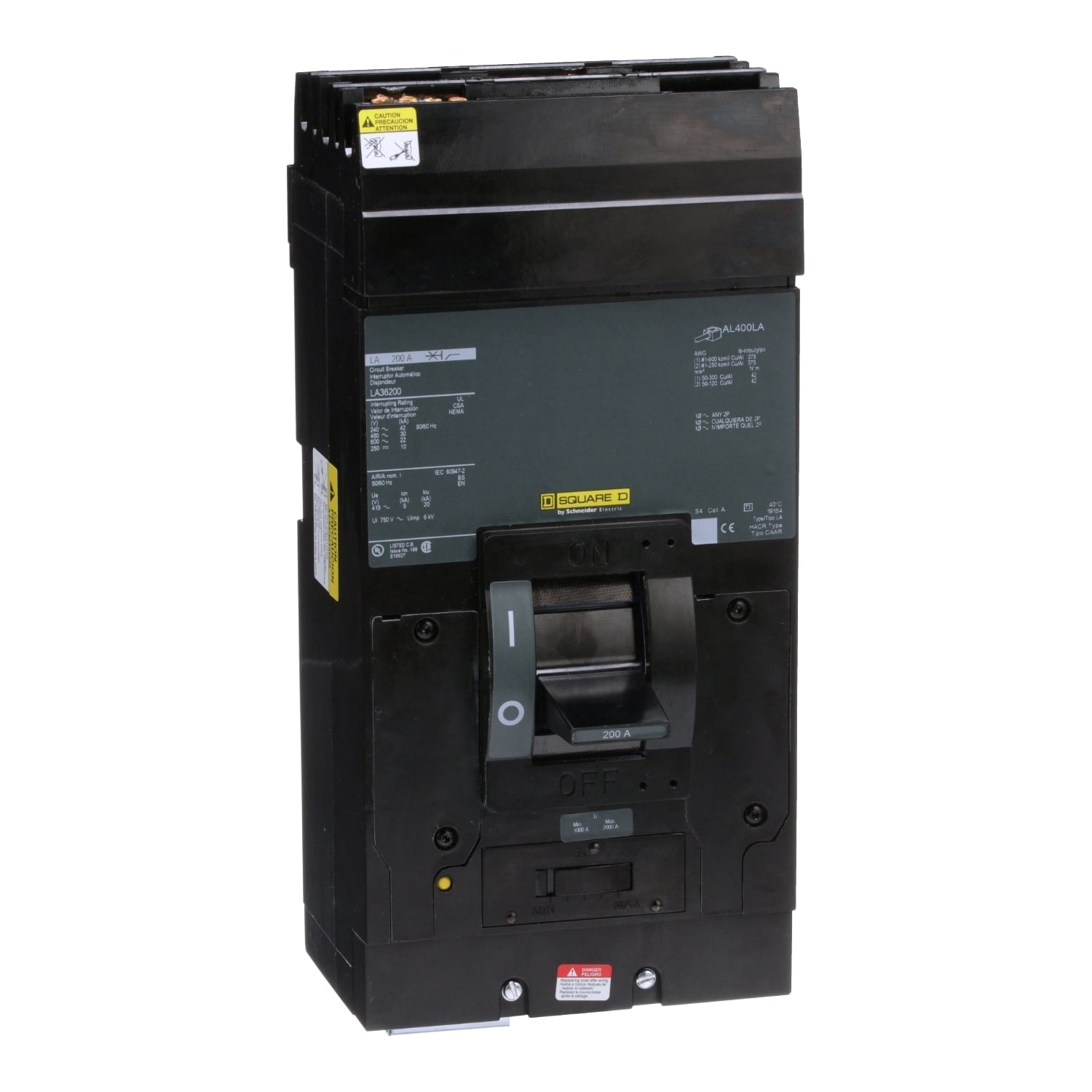 LA36200 I-Line PowerPact Type LA Molded Case Circuit Breaker, 600 V AC/250 V DC, 200 A, 25 kA Interrupt, 3 Poles, Thermal Magnetic Trip