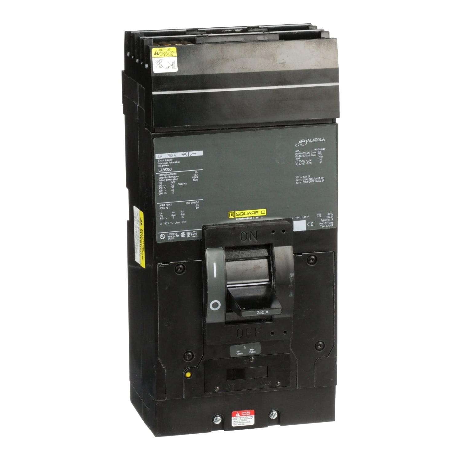 LA36250 I-Line PowerPact Type LA Molded Case Circuit Breaker, 600 V AC/250 V DC, 250 A, 25/42/30 kA Interrupt, 3 Poles, Thermal Magnetic Trip