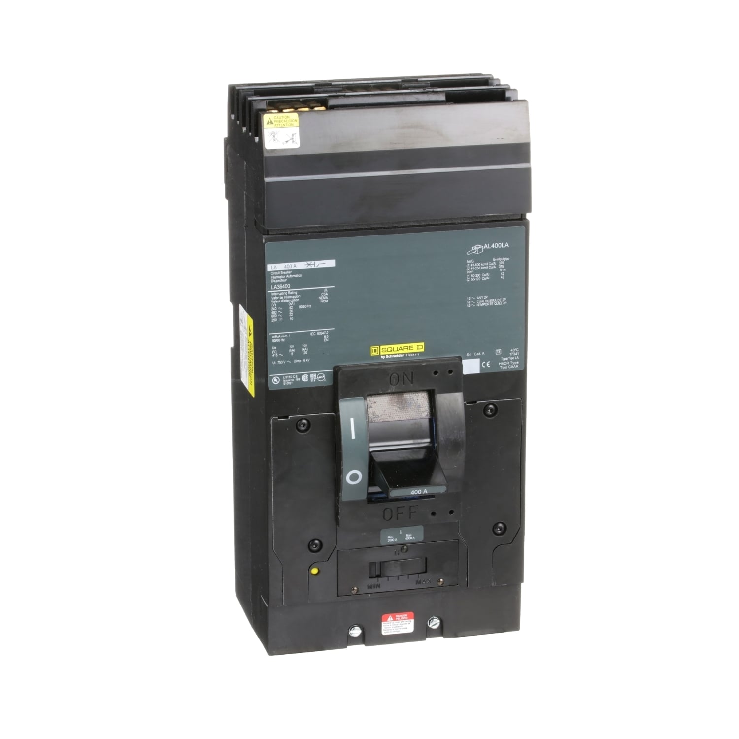 LA36400 Standard Type LA Molded Case Circuit Breaker, 600 V AC/250 V DC, 400 A, 25 kA at 600 VAC/42 kA at 240 VAC/30 kA at 480 VAC/250 VDC/600 VAC Interrupt, 3 Poles, Thermal Magnetic Trip