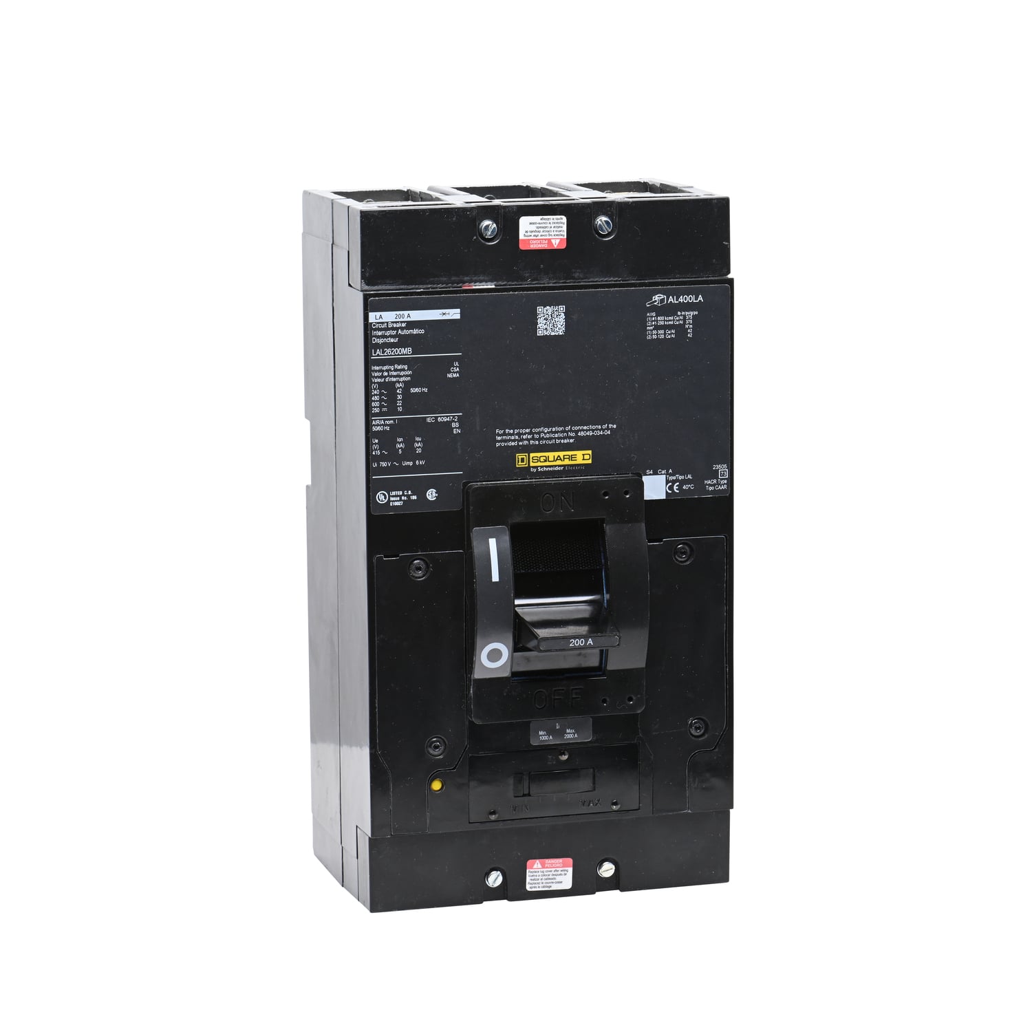 LAL26200MB I-Line Molded Case Circuit Breaker, 600 V AC/250 V DC, 200 A, 10/220 kA Interrupt, 2 Poles, Thermal Magnetic Trip