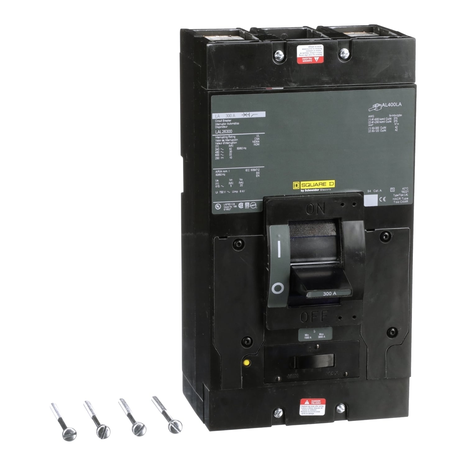 LAL26300 I-Line PowerPact Standard Molded Case Circuit Breaker, 600 V AC/250 V DC, 300 A, 250 VDC/600 VAC/42 kA at 240 VAC/30 kA at 480 VAC/22 kA at 600 VAC/10 kA at 125 VDC/10 kA at 250 VDC Interrupt, 2 Poles, Thermal Magnetic Trip