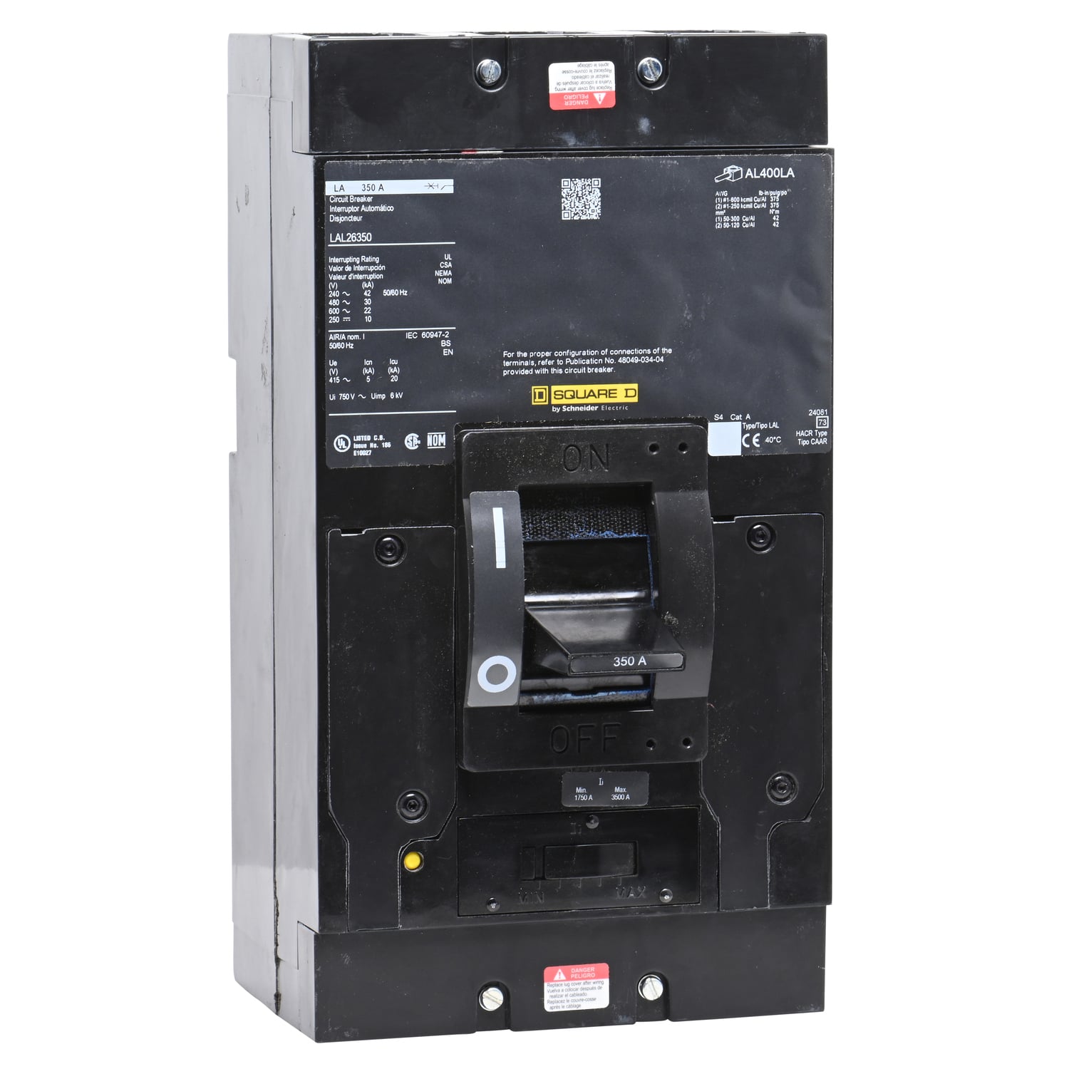 LAL26350 I-Line PowerPact Type LAL Molded Case Circuit Breaker, 600 V AC/250 V DC, 350 A, 250 VDC/600 VAC/42 kA at 240 VAC/30 kA at 480 VAC/22 kA at 600 VAC/10 kA at 125 VDC/10 kA at 250 VDC Interrupt, 2 Poles, Thermal Magnetic Trip