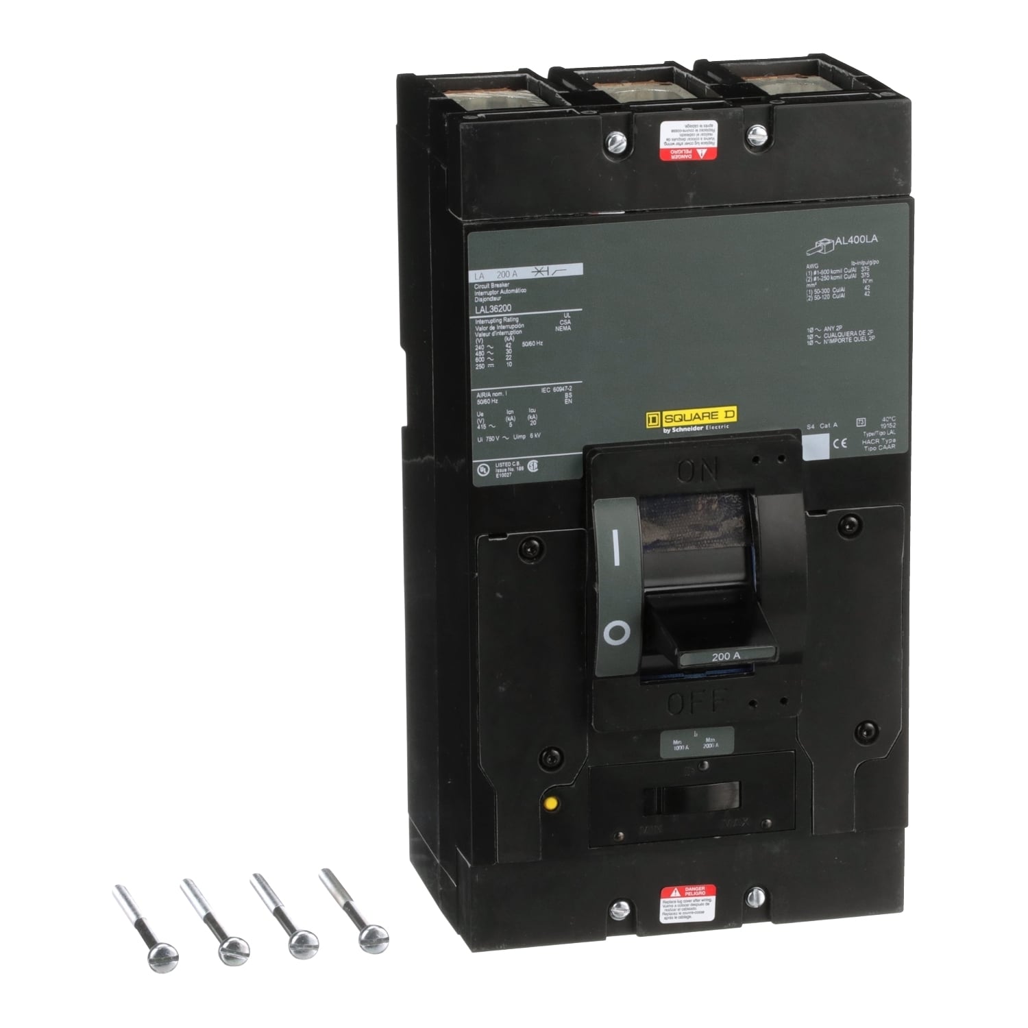 LAL36200 I-Line PowerPact Type LAL Molded Case Circuit Breaker, 600 V AC/250 V DC, 200 A, 250 VDC/600 VAC/42 kA at 240 VAC/30 kA at 480 VAC/22 kA at 600 VAC/10 kA at 125 VDC/10 kA at 250 VDC Interrupt, 3 Poles, Thermal Magnetic Trip