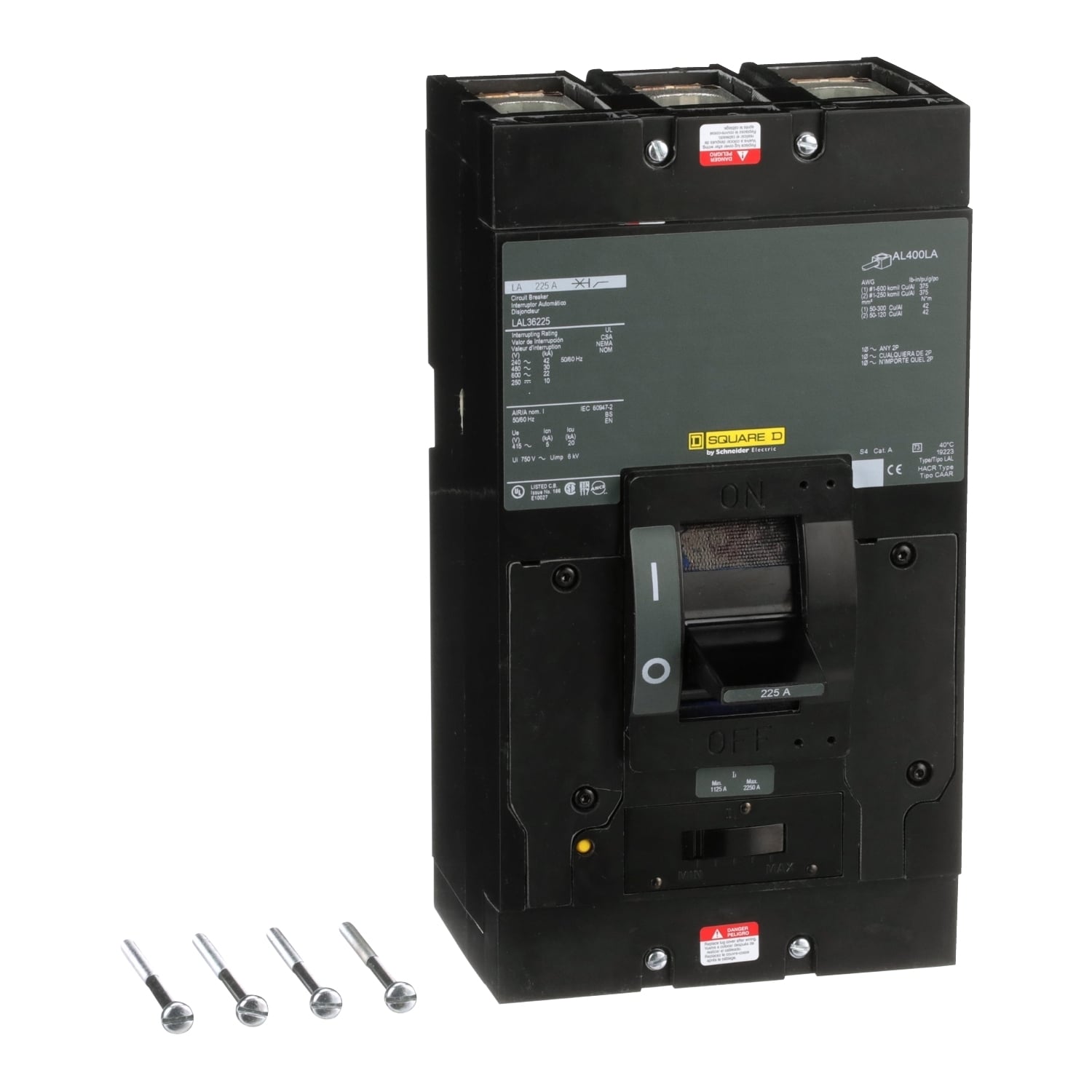 LAL36225 I-Line PowerPact Type LAL Molded Case Circuit Breaker, 600 V AC/250 V DC, 225 A, 250 VDC/600 VAC/42 kA at 240 VAC/30 kA at 480 VAC/22 kA at 600 VAC/10 kA at 125 VDC/10 kA at 250 VDC Interrupt, 3 Poles, Thermal Magnetic Trip