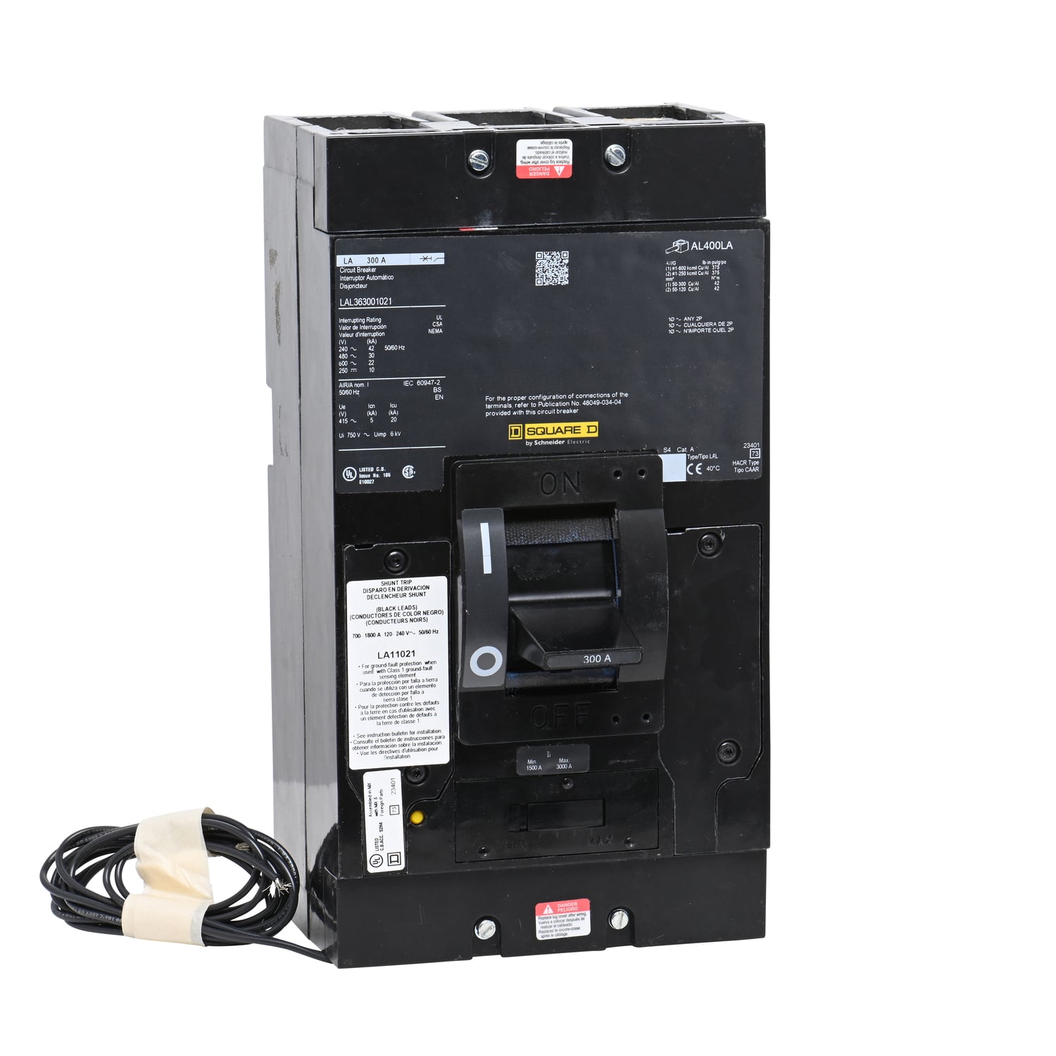 LAL363001021 I-Line PowerPact Type LAL Molded Case Circuit Breaker, 600 V AC/250 V DC, 300 A, 250 VDC/600 VAC/42 kA at 240 VAC/30 kA at 480 VAC/22 kA at 600 VAC/10 kA at 125 VDC/10 kA at 250 VDC Interrupt, 3 Poles