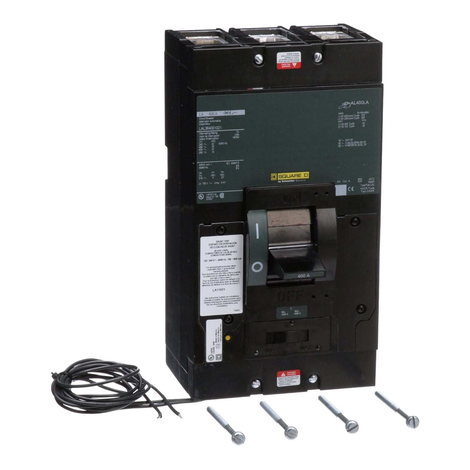 LAL364001021 I-Line PowerPact Standard Molded Case Circuit Breaker, 600 VAC, 250 VDC, 400 A, 10/22/30/42 kA Interrupt, 3 Poles, Thermal Magnetic Trip