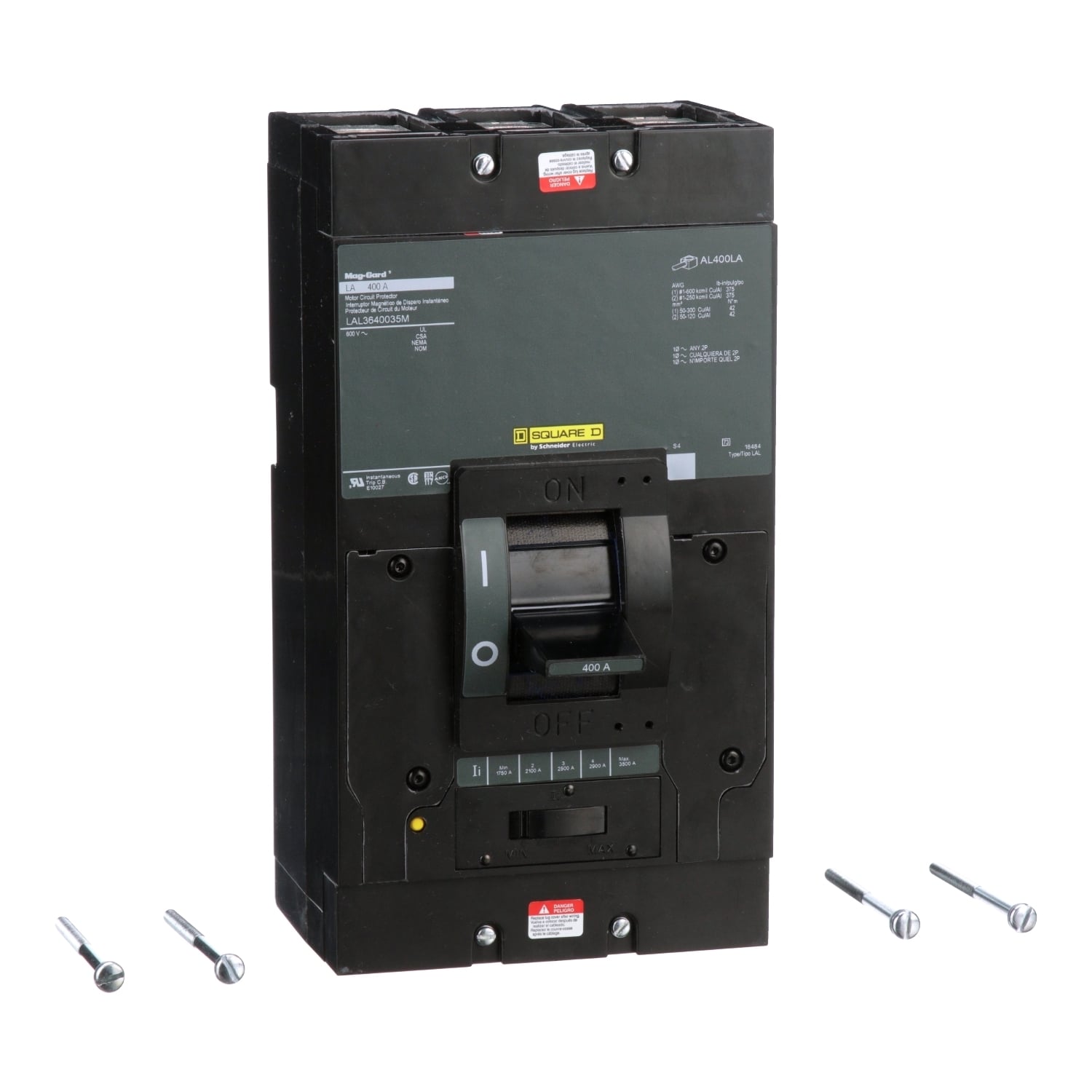 LAL3640035M PowerPact Mag-Gard Type LAL Motor Circuit Protector, 600 V AC/250 V DC, 400 A, 42 kA at 240 VAC/30 kA at 480 VAC/22 kA at 600 VAC/10 kA at 125/250 VDC Interrupt, 3 Poles, Thermal Magnetic Trip