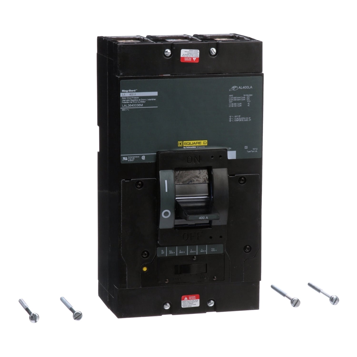 LAL3640036M PowerPact Mag-Gard Type LAL Motor Circuit Protector, 600 V AC/250 V DC, 400 A, 42 kA at 240 VAC/30 kA at 480 VAC/22 kA at 600 VAC/10 kA at 125/250 VDC Interrupt, 3 Poles, Thermal Magnetic Trip