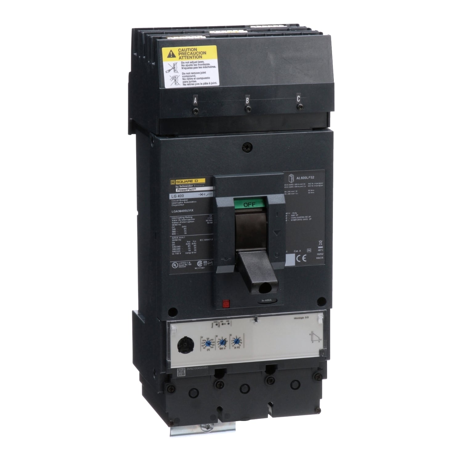 LGA36400U31X I-Line PowerPact 80% Rated Molded Case Circuit Breaker, 600 V AC, 400 A, 18 kA Interrupt, 3 Poles, Electronic Trip