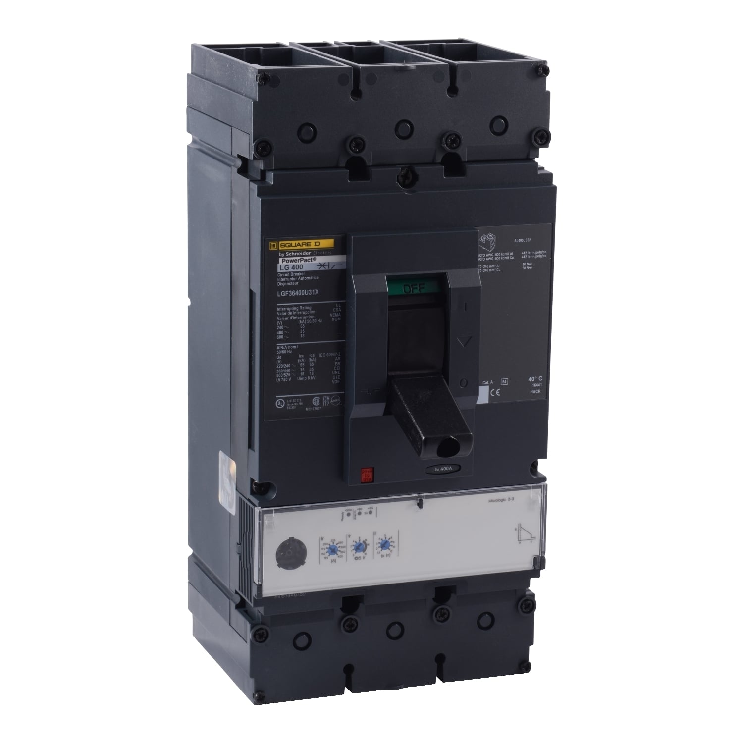 LGF36400U31X PowerPact Standard L Molded Case Circuit Breaker, 600 V AC, 400 A, 65 kA at 240 V AC/35 kA at 480 V AC/18 kA at 600 V AC Interrupt, 3 Poles, Electronic Trip
