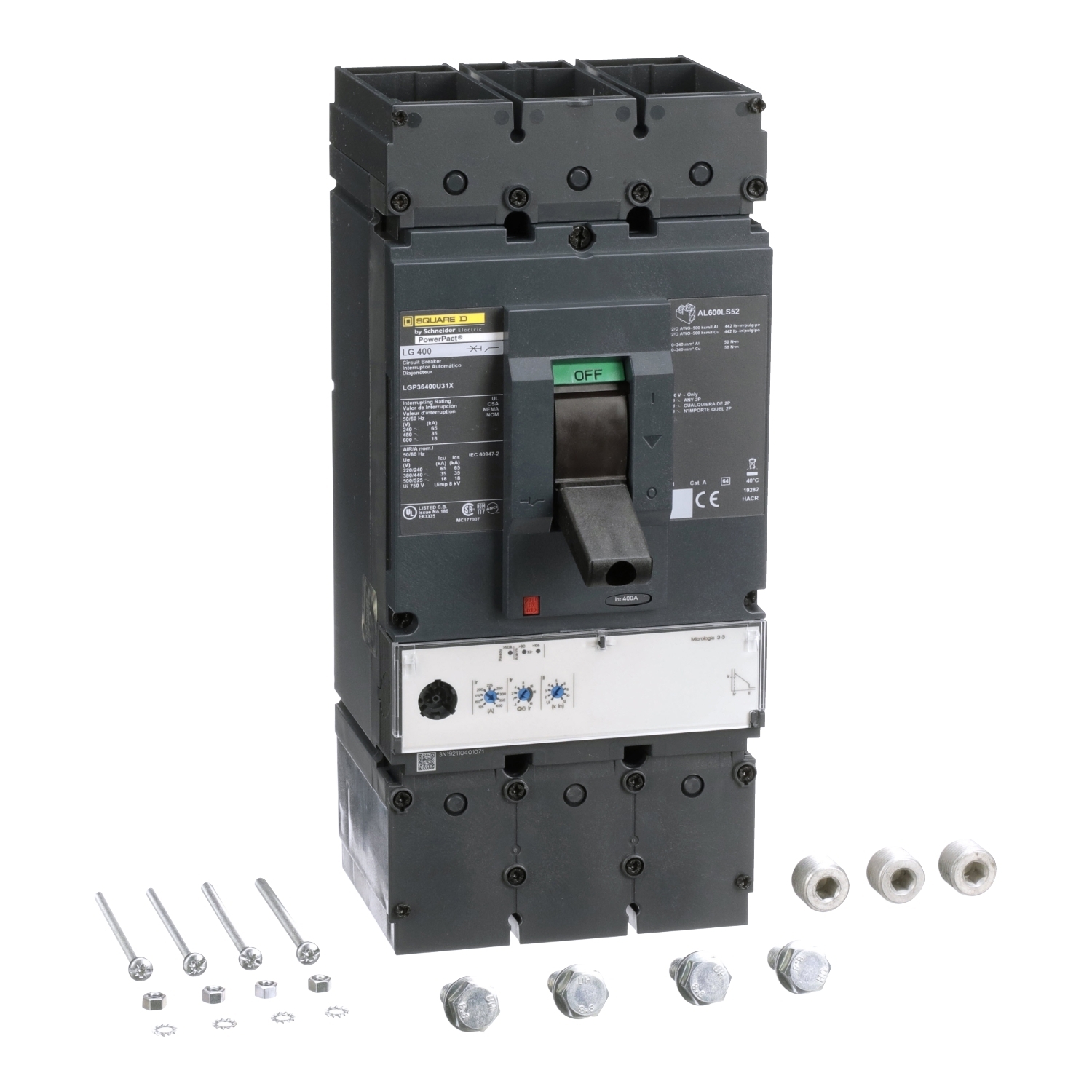 Circuit breaker, PowerPacT L, 400A, 3 pole, 600VAC, 18kA, lugs, MicroLogic 3.3, 80%