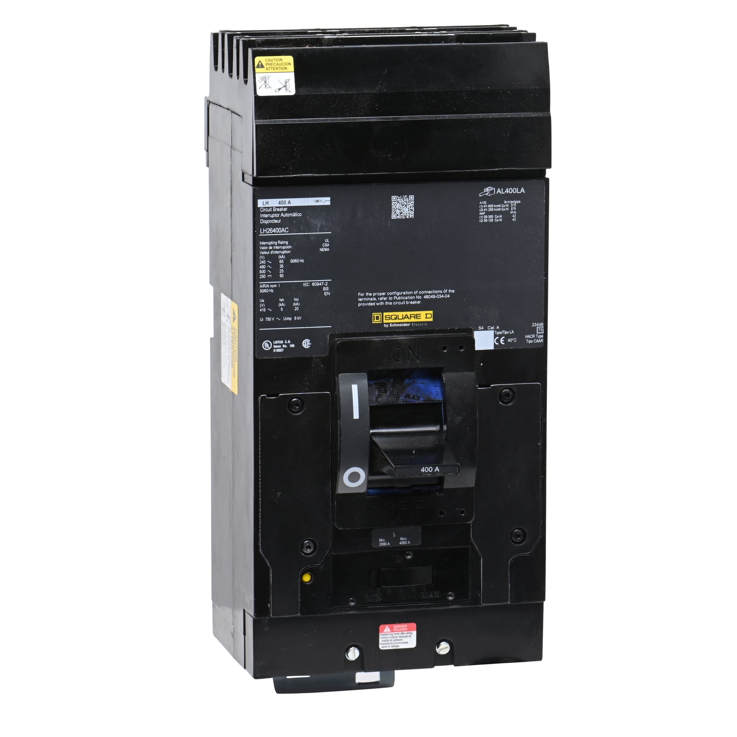 LH26400AC I-Line Molded Case Circuit Breaker, 600 V AC/250 V DC, 400 A, 65 kA at 240 VAC/35 kA at 480 VAC/25 kA at 600 VAC Interrupt, 2 Poles, Thermal Magnetic Trip
