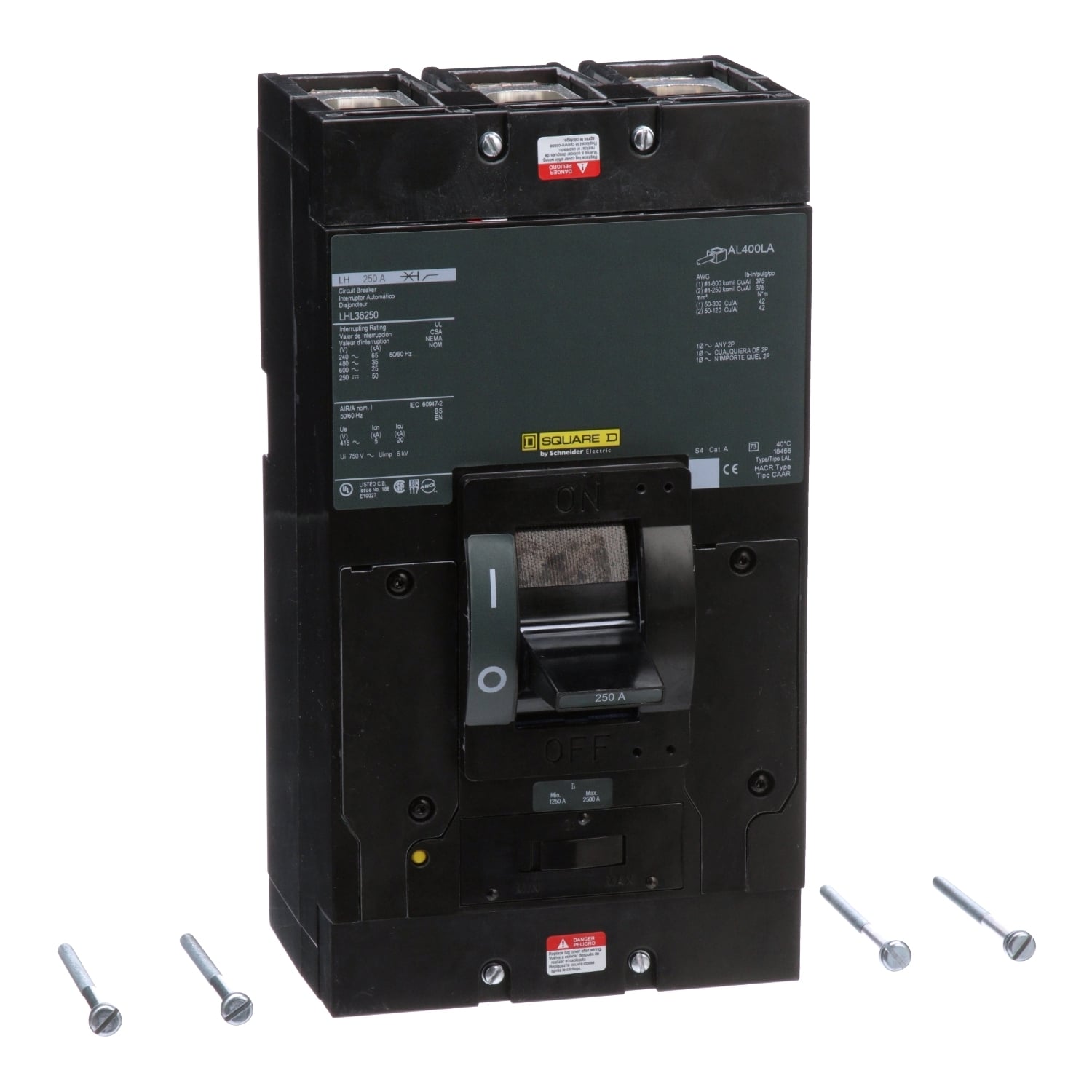 LHL36250 Molded Case Circuit Breaker, 600 V AC/250 V DC, 250 A, 65 kA at 240 VAC/35 kA at 480 VAC/25 kA at 600 VAC/50 kA at 125/250 VDC Interrupt, 3 Poles, Thermal Magnetic Trip