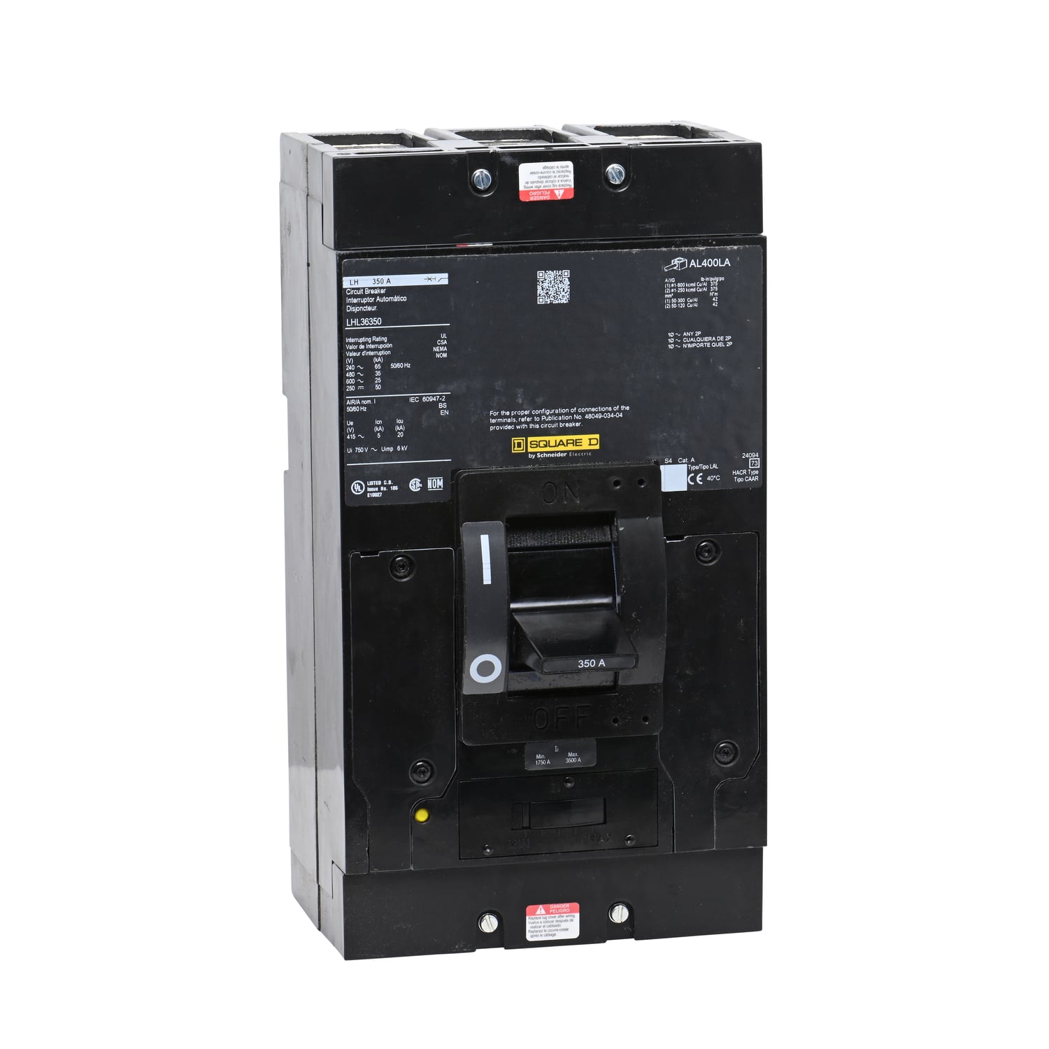 LHL36350 Molded Case Circuit Breaker, 600 V AC/250 V DC, 350 A, 250 VDC/600 VAC/50 kA at 125 VDC/50 kA at 250 VDC Interrupt, 3 Poles, Thermal Magnetic Trip