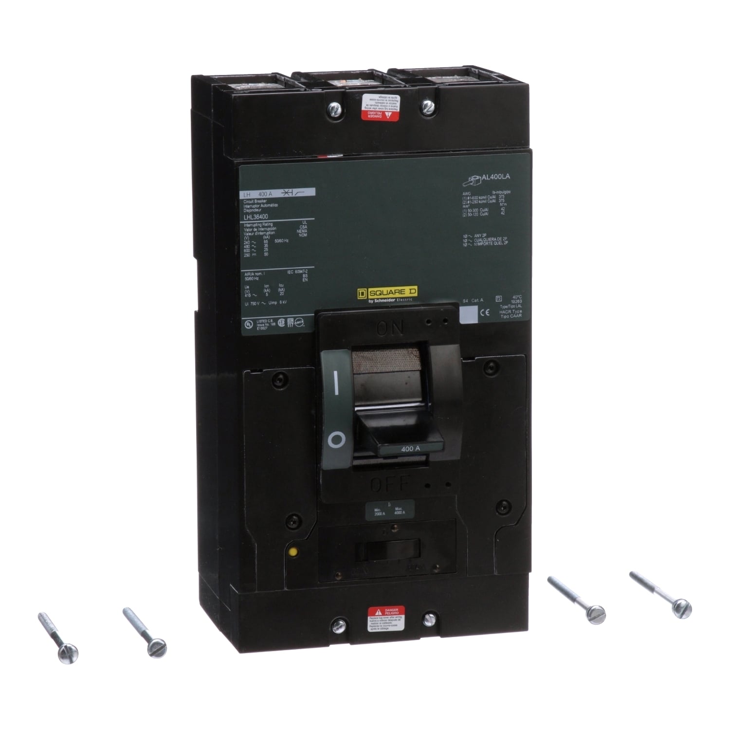 LHL36400 Molded Case Circuit Breaker, 600 V AC/250 V DC, 400 A, 250 VDC/600 VAC/65 kA at 240 VAC/35 kA at 480 VAC/25 kA at 600 VAC/50 kA at 125 VDC/50 kA at 250 VDC Interrupt, 3 Poles, Thermal Magnetic Trip